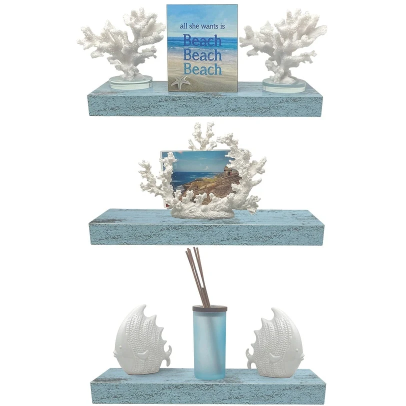 3-Pack Rustic Wood Floating Wall Shelves, Beach Style Hanging Display and Storage Shelves