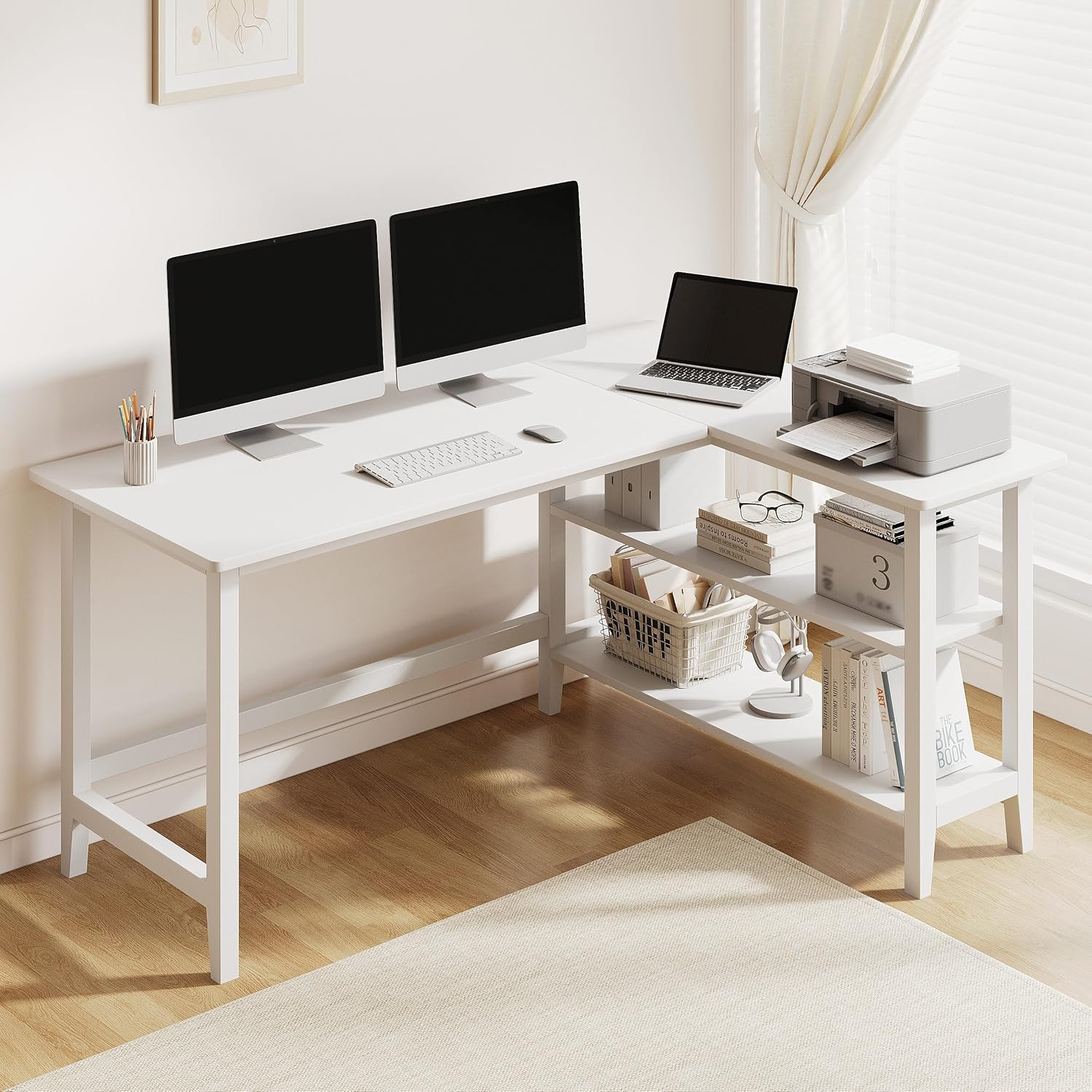 45" Reversible L-Shaped Office Desk with Storage Shelves, White - Image 4