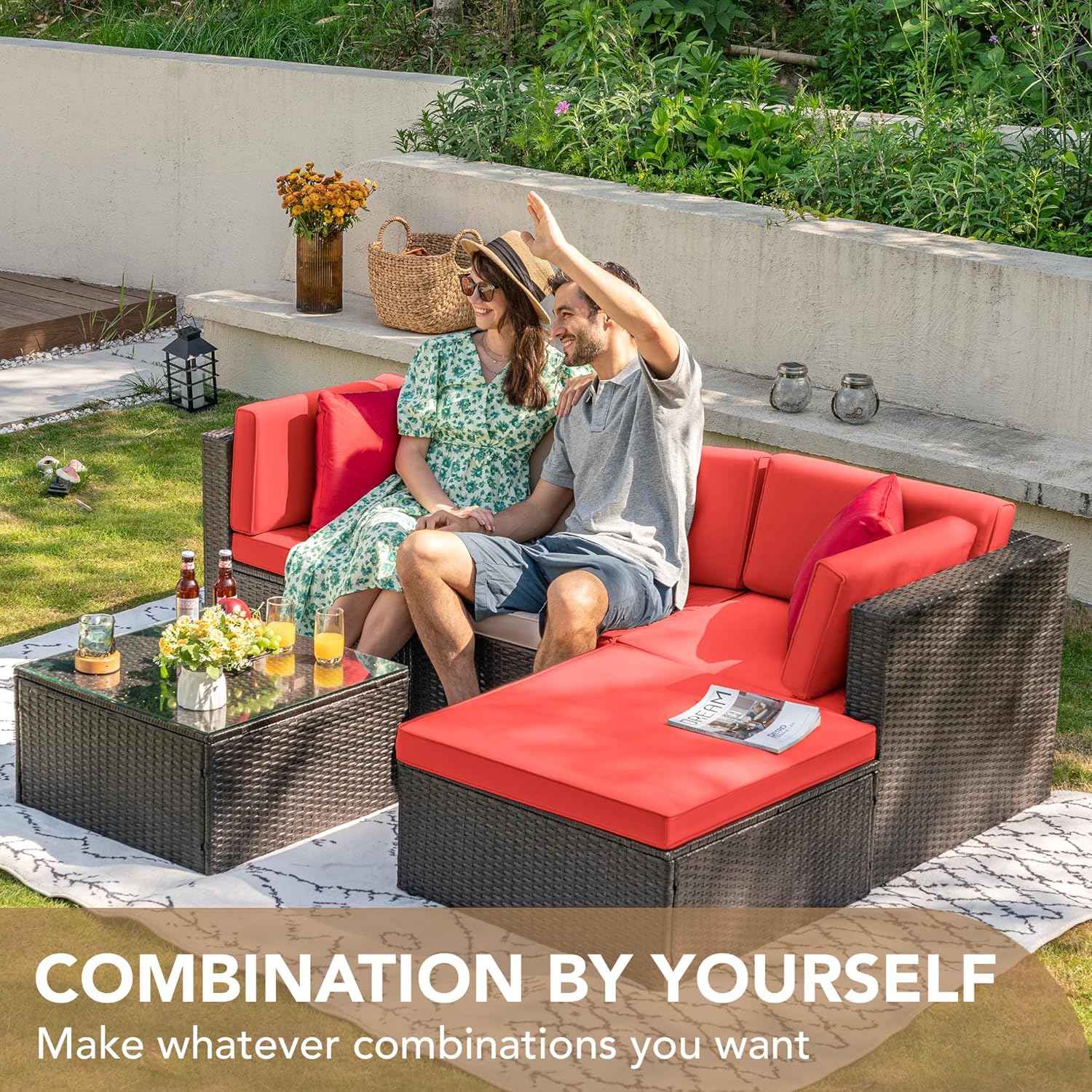 5-Piece All-Weather Patio Furniture Set with Cushions, Outdoor Wicker Conversation Sofa Set for Garden, Deck & Backyard - Image 36