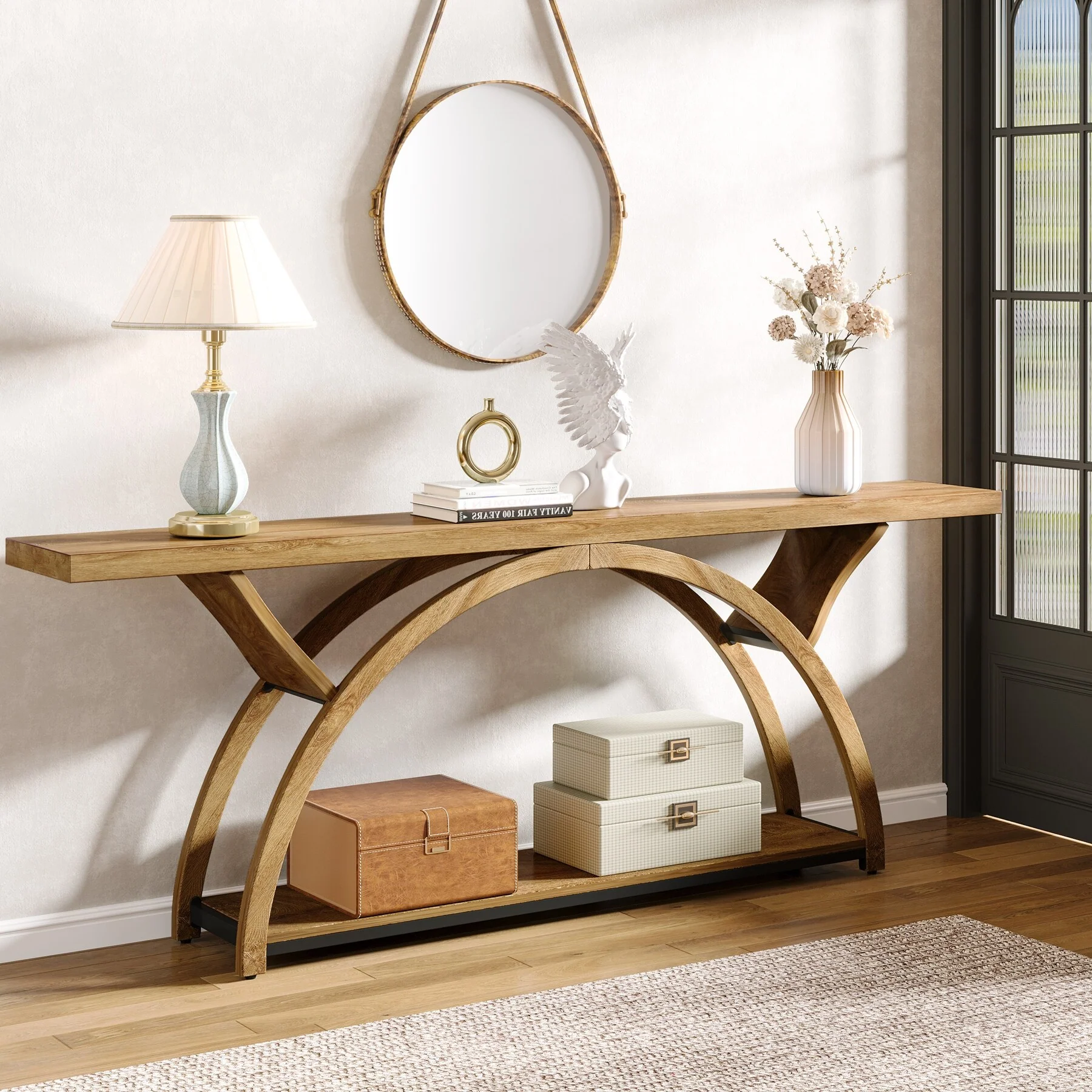 Gray 2-Tier Slim Console Sofa Table, Semi-Circular Metal Frame for Hallway - Image 6