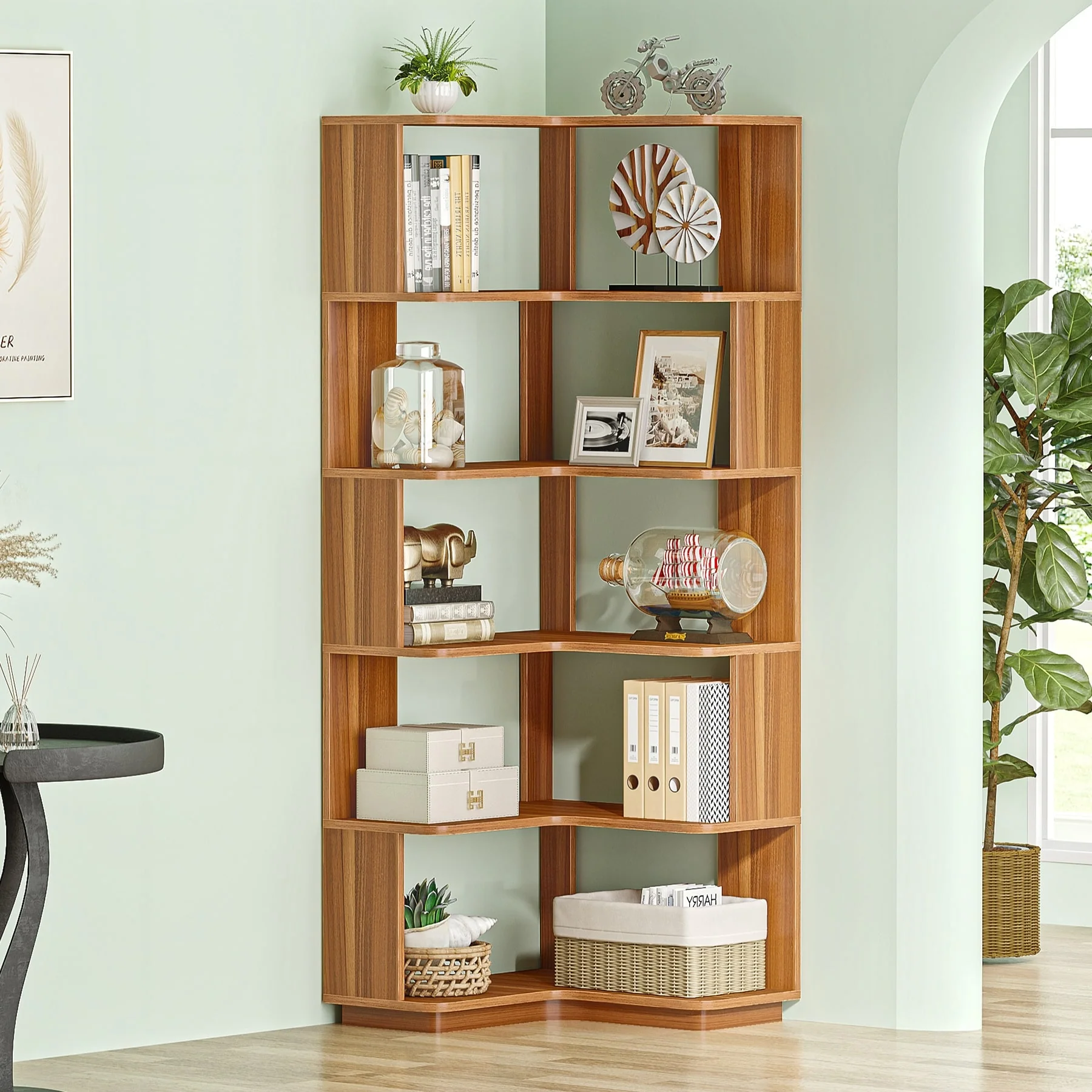 64.9 Inch Tall 6-Tier Corner Bookshelf, Freestanding Wood Industrial Bookcase - Image 2