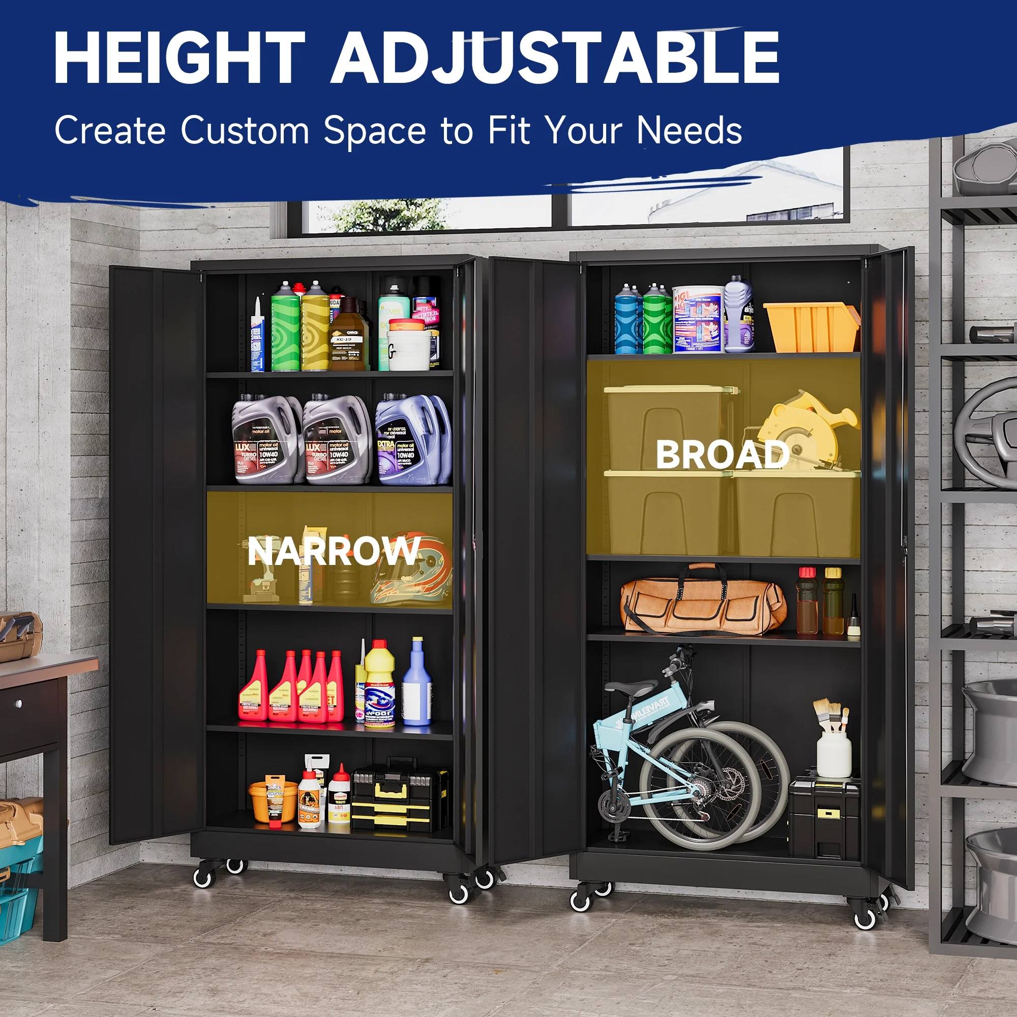 AUHUP Metal Storage Cabinet with Wheels, 73" Rolling Garage Storage Cabinets with 4 Adjustable Shelves & Locking Doors,Black Tool Cabinet for Garage,Home,Warehouse,Workshop - Image 10