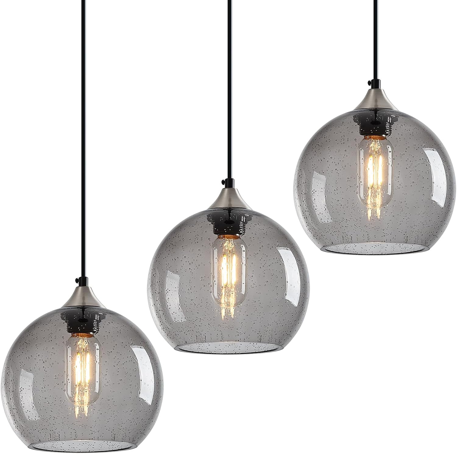 Amber Pendant Lights Kitchen Island 3 Pack, 5.9 in Seeded Glass Globe - Image 6