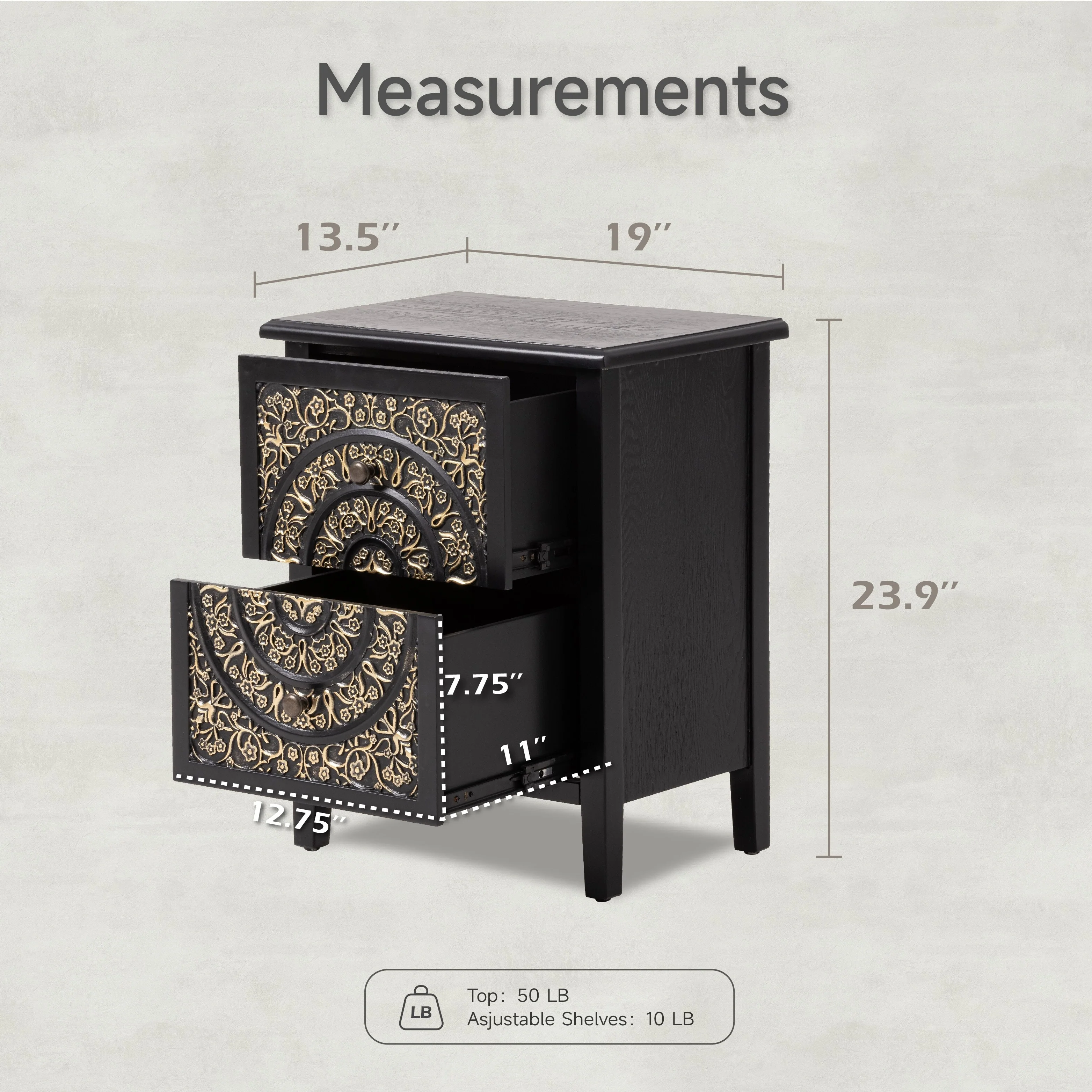 Farmhouse Fully Assembled Nightstand with 2 Drawers, Flower Motif End Table for Small Spaces - Image 15