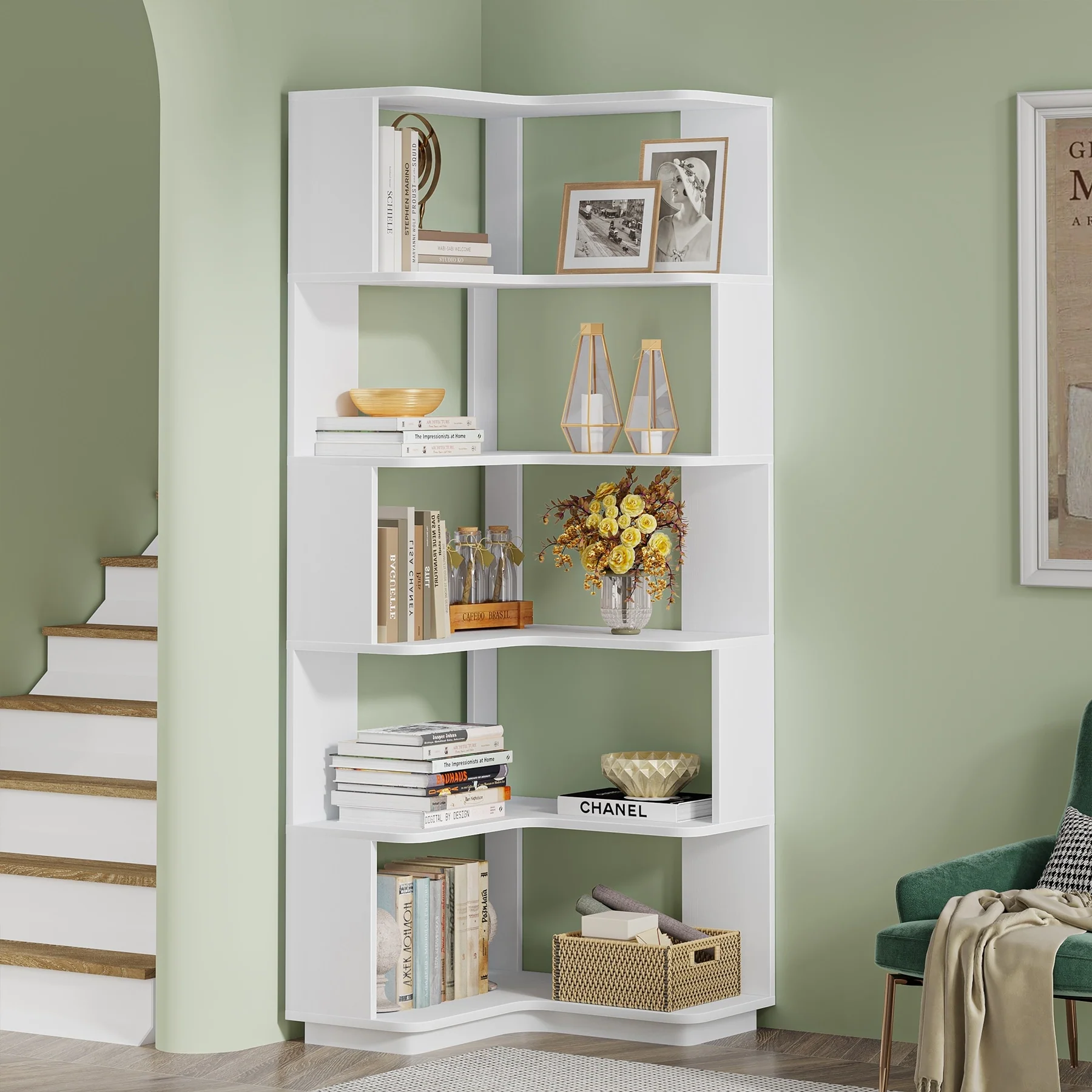 64.9 Inch Tall 6-Tier Corner Bookshelf, Freestanding Wood Industrial Bookcase - Image 23