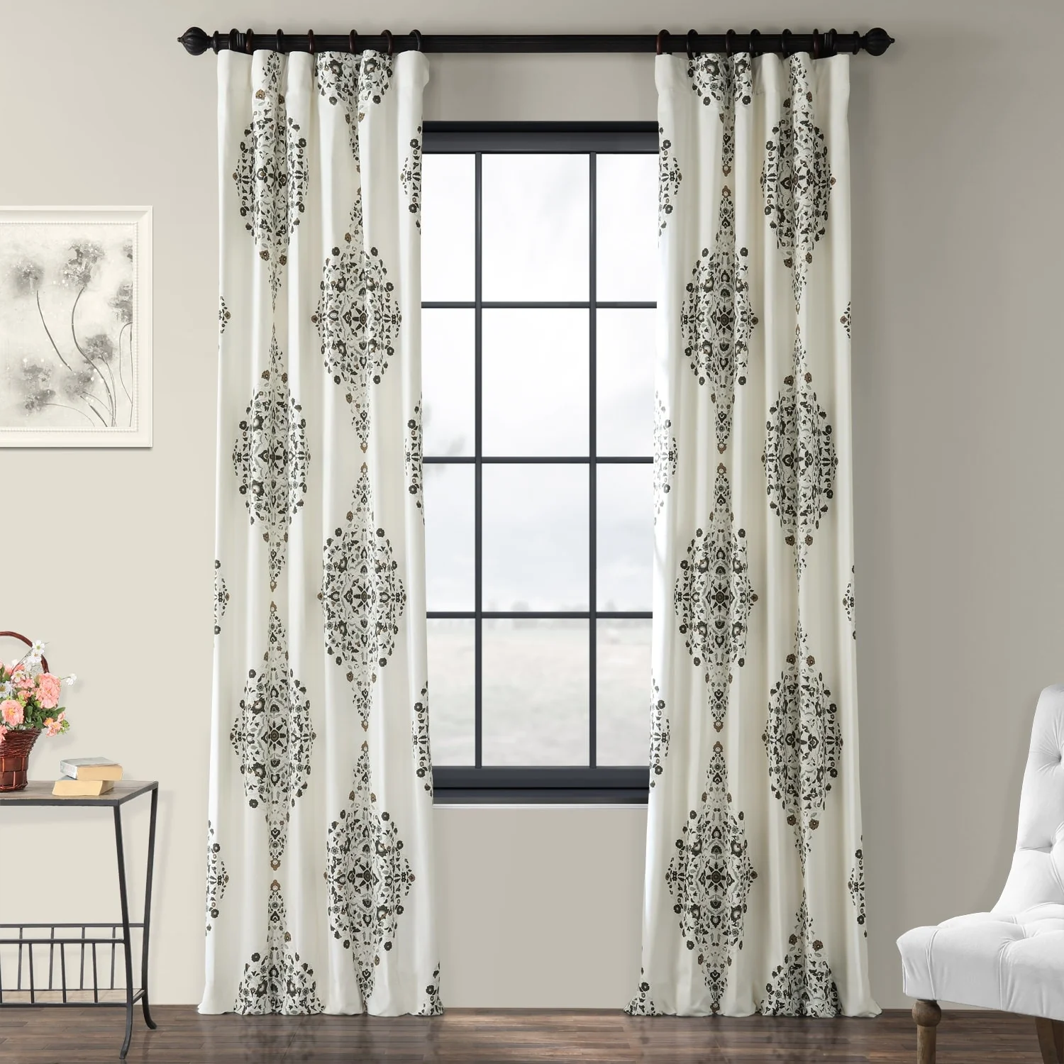 Medallion Damask Printed Cotton Room Darkening Curtain Panel, 1 Piece - Image 4