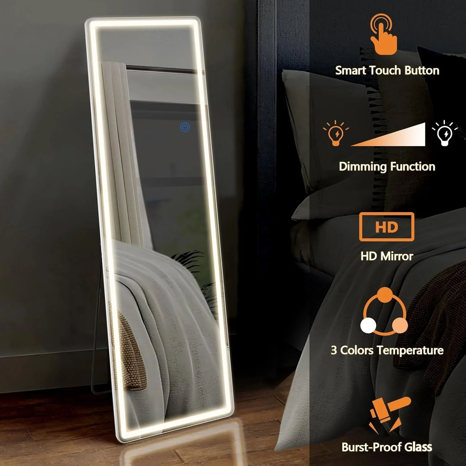 64 x 21 Inch Full Length LED Floor Mirror with Stand, Wall Mounted Full Body Mirror - Image 7