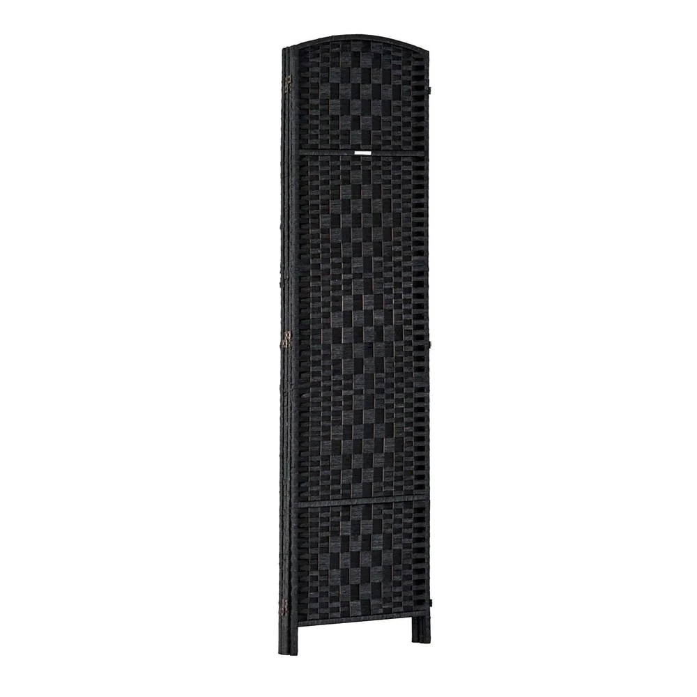 6 Ft Tall Four-Panel Wicker Weave Room Divider, Black Wood Privacy Screen - Image 3