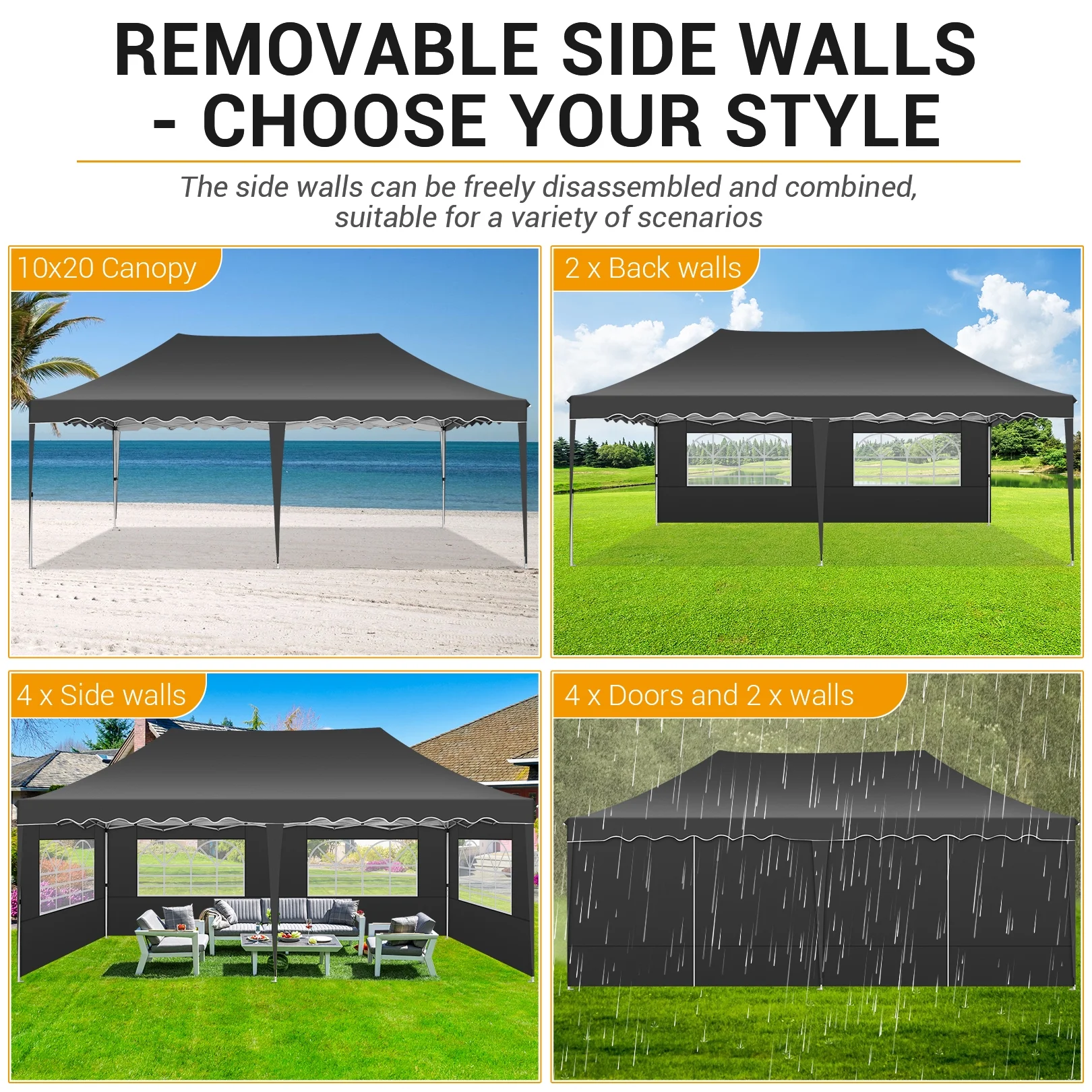 SANOPY 10' x 20' Pop up Canopy Party Tent with 6 Removable Sidewalls, Wave Eave Outdoor Waterproof Patio Gazebo Tent with Carry Bag, Backyards Camping Picnics, Black - Image 14