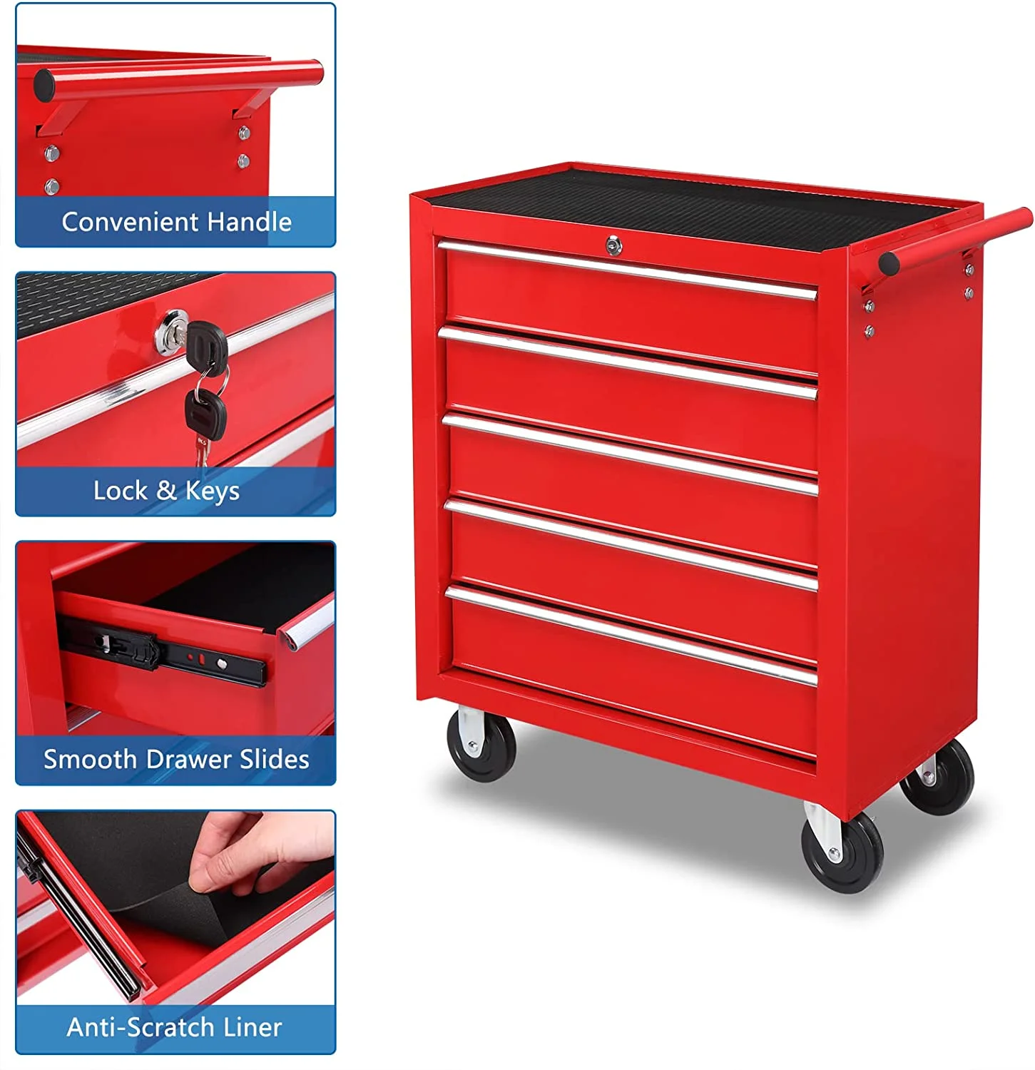 TUFFIOM 5-Drawer Rolling Tool Chest with Lock & Key, Tool Storage Organizer Box Cabinet with Wheels - Image 9