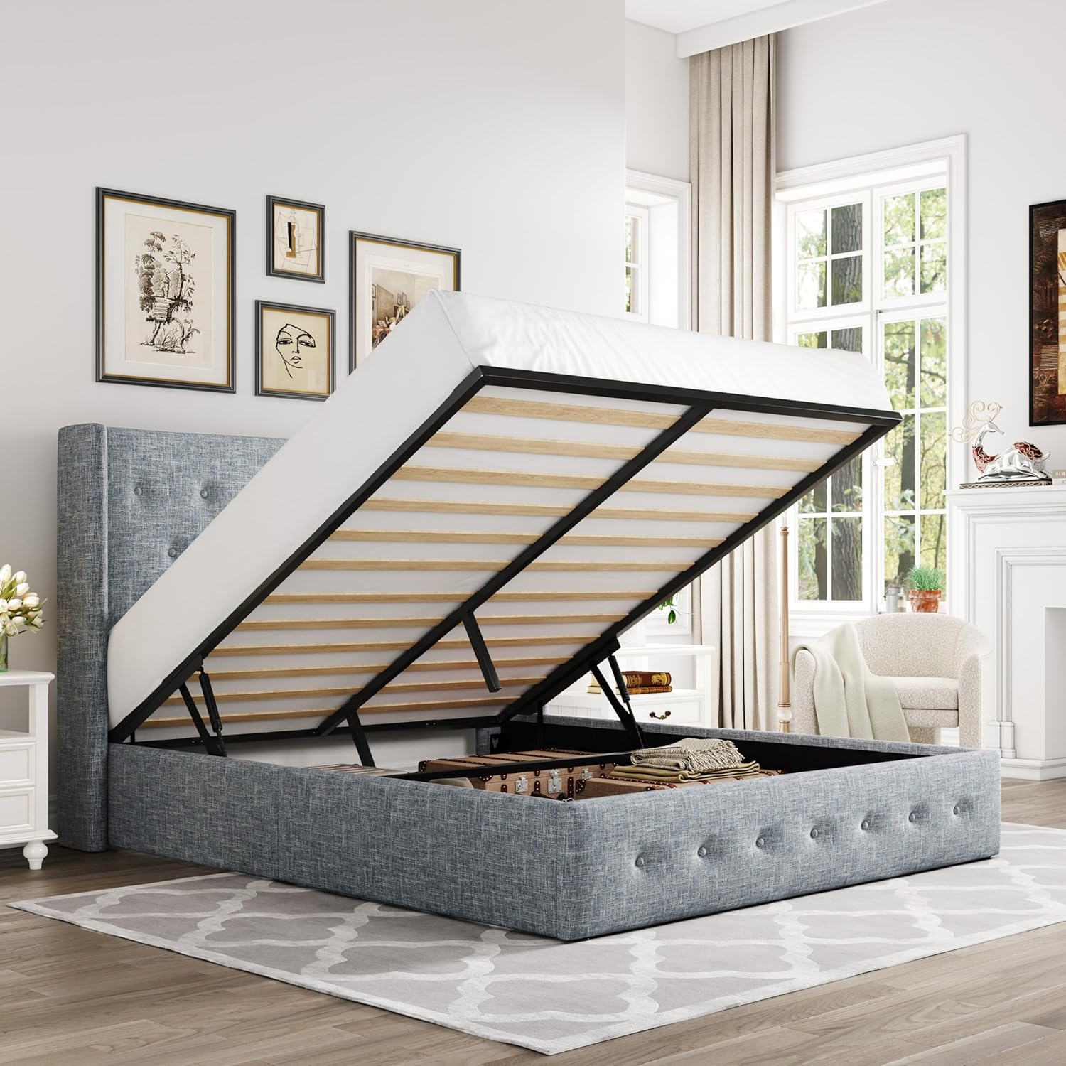 Queen Size Lift Up Storage Bed with Wingback Headboard, Upholstered Platform Bed Frame with Hidden Storage - Image 19
