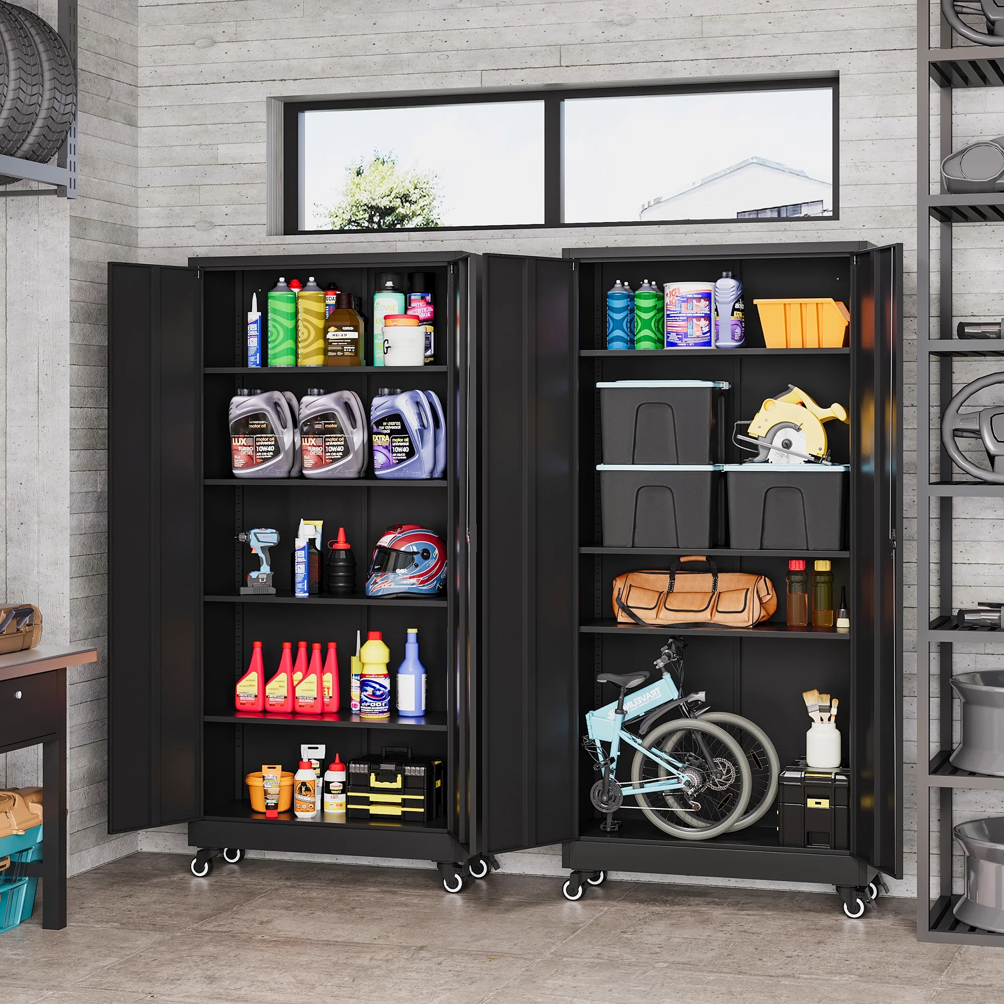 AUHUP Metal Storage Cabinet with Wheels, 73" Rolling Garage Storage Cabinets with 4 Adjustable Shelves & Locking Doors,Black Tool Cabinet for Garage,Home,Warehouse,Workshop - Image 6