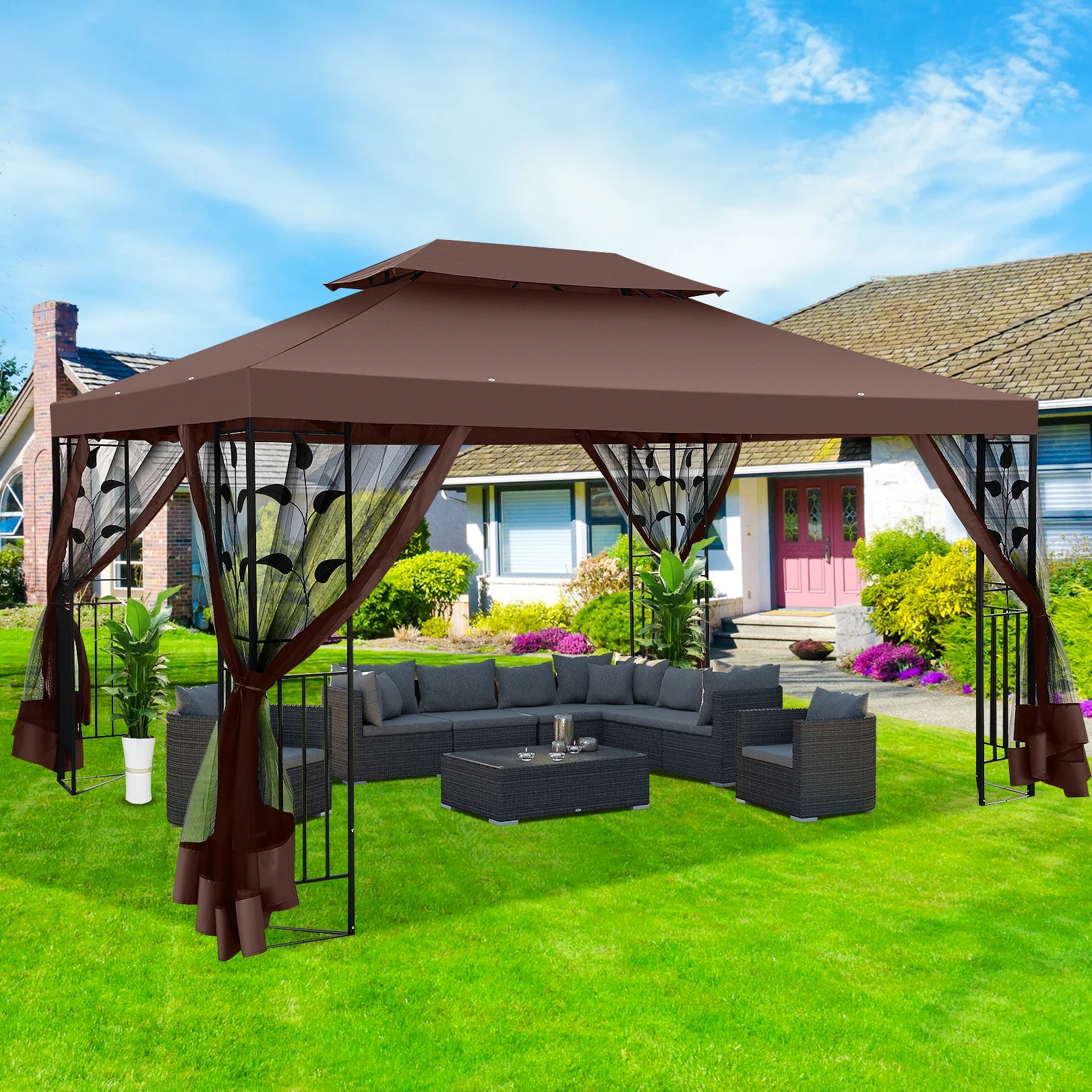SANOPY 10'x13.3' Metal Patio Gazebo, Outdoor Gazebo Canopy Tent for Backyard with Mesh Curtains, Gazebos Shelter with Display Shelves, Steel Frame, Patio Covers for Tailgate - Image 10