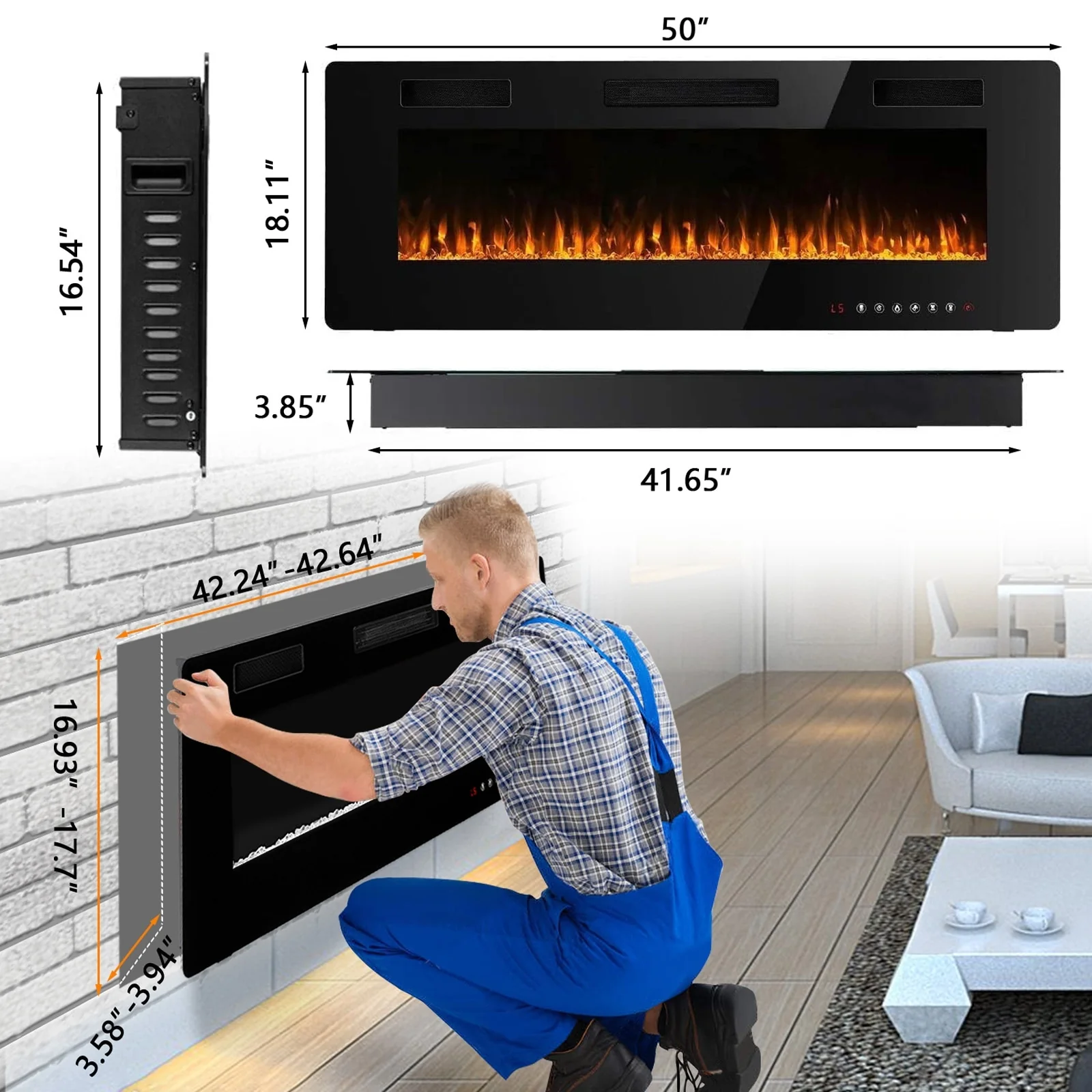 30-72 Inch Ultra-Thin Electric Fireplace, Linear Recessed Wall Mounted Fireplace with Remote Control - Image 2