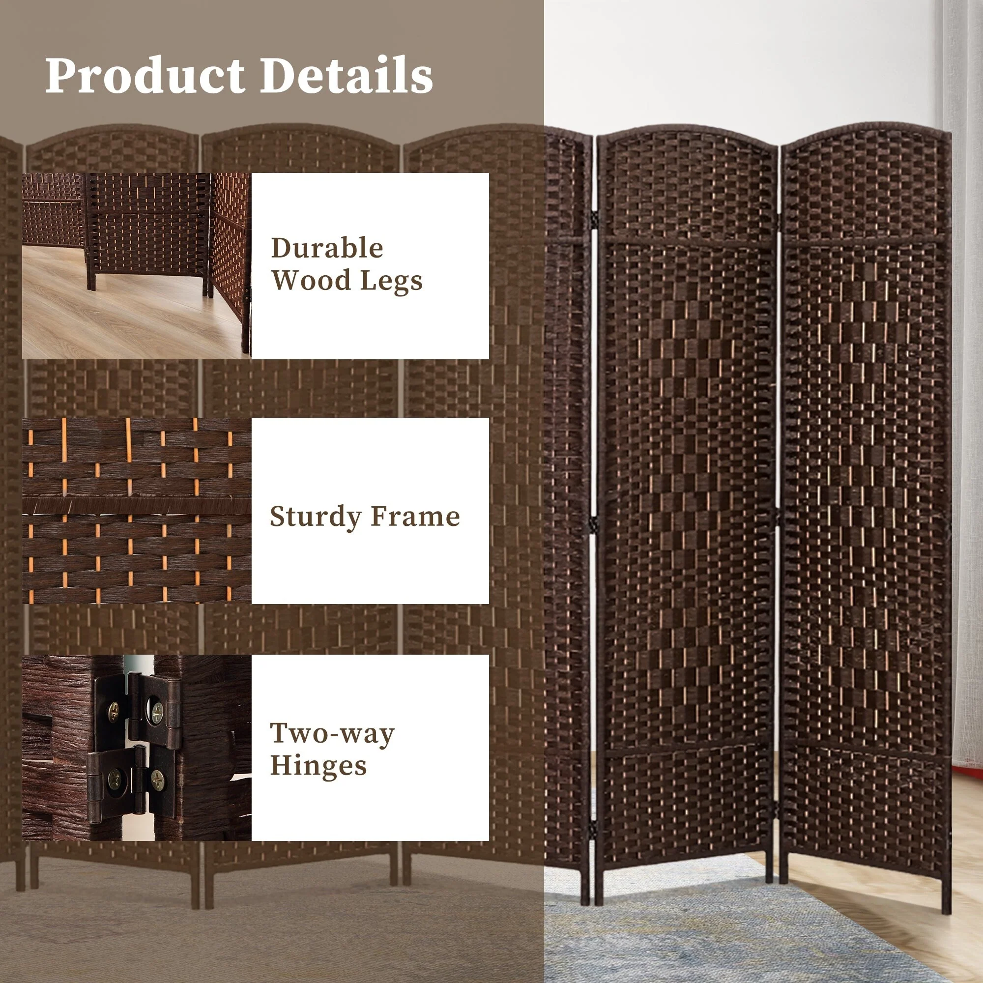 6 FT Tall Woven Fiber Room Divider, Freestanding Folding Privacy Screen - Image 32