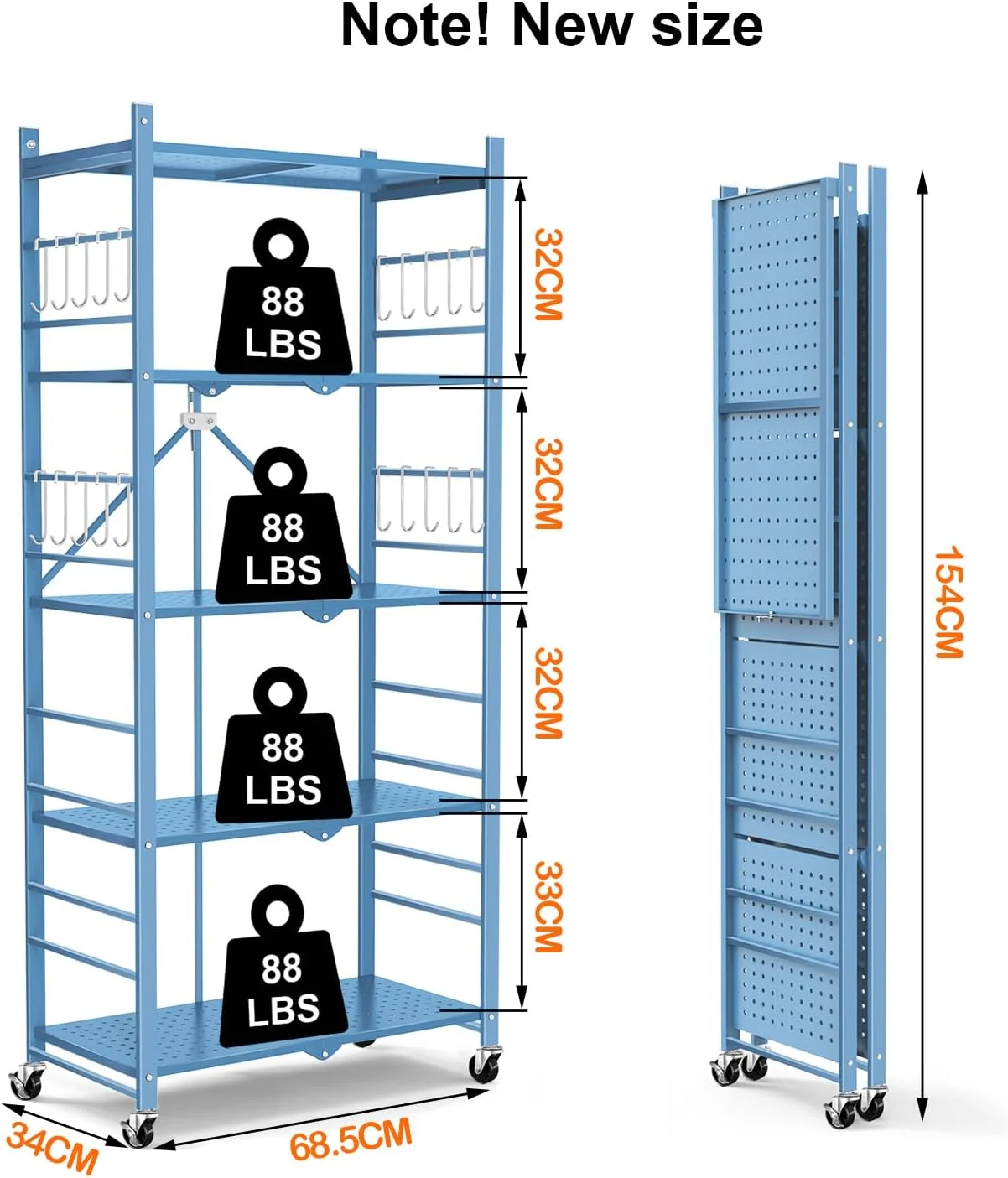 Storage Shelves with 20 Hooks, 4-Tier Foldable Shelves for Storage, Folding Shelf Unit Pantry Shelves with Wheels, Metal Shelving Storage Rack Shelf for Kitchen Garage Home, Black - No Assembly - Image 16