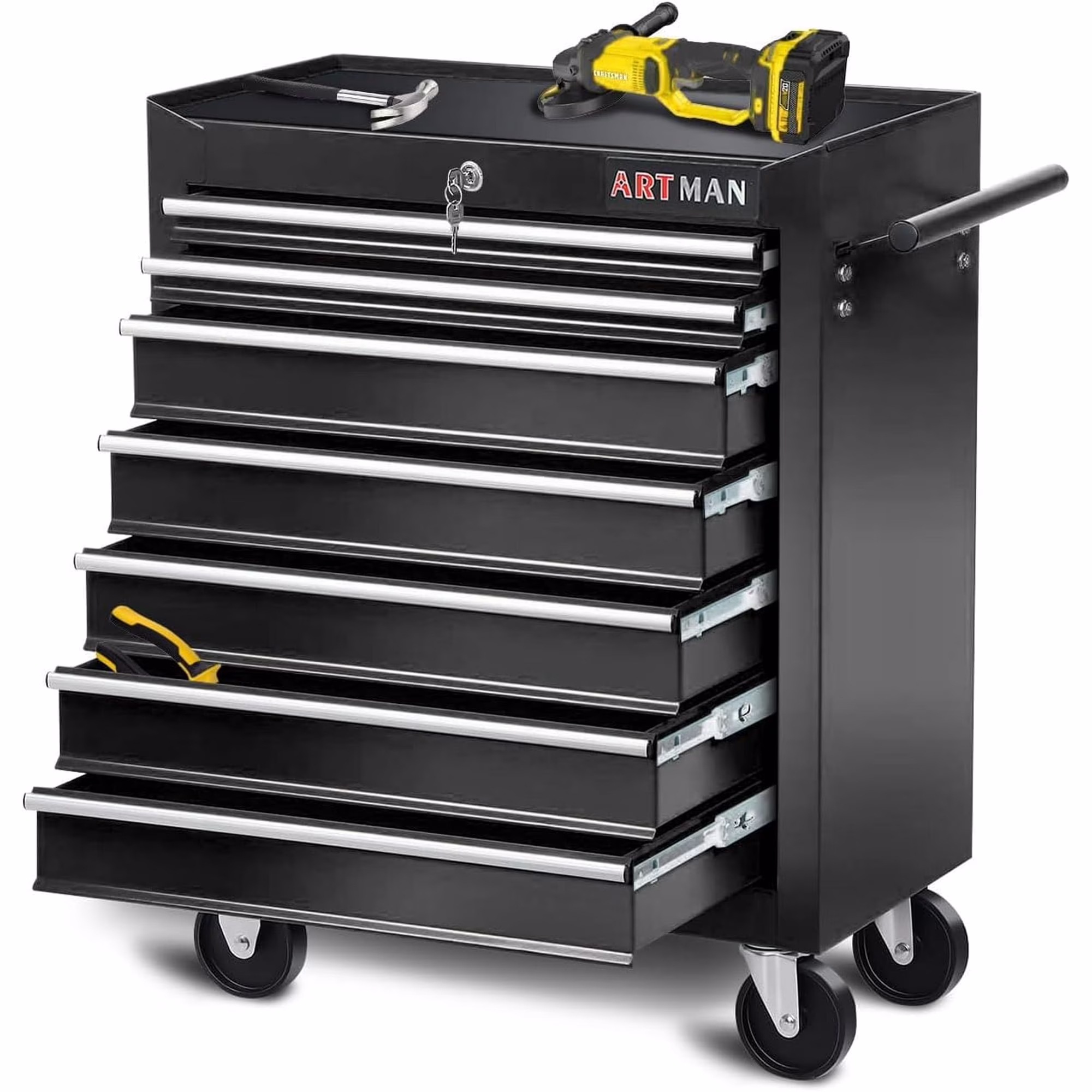 POVANLI 7-Drawer Rolling Tool Chest with Wheels Multifunctional Tool Chest Portable Tool Storage Cabinet with Locking System for Garage Workshop Warehouse Repair Shop - Image 7