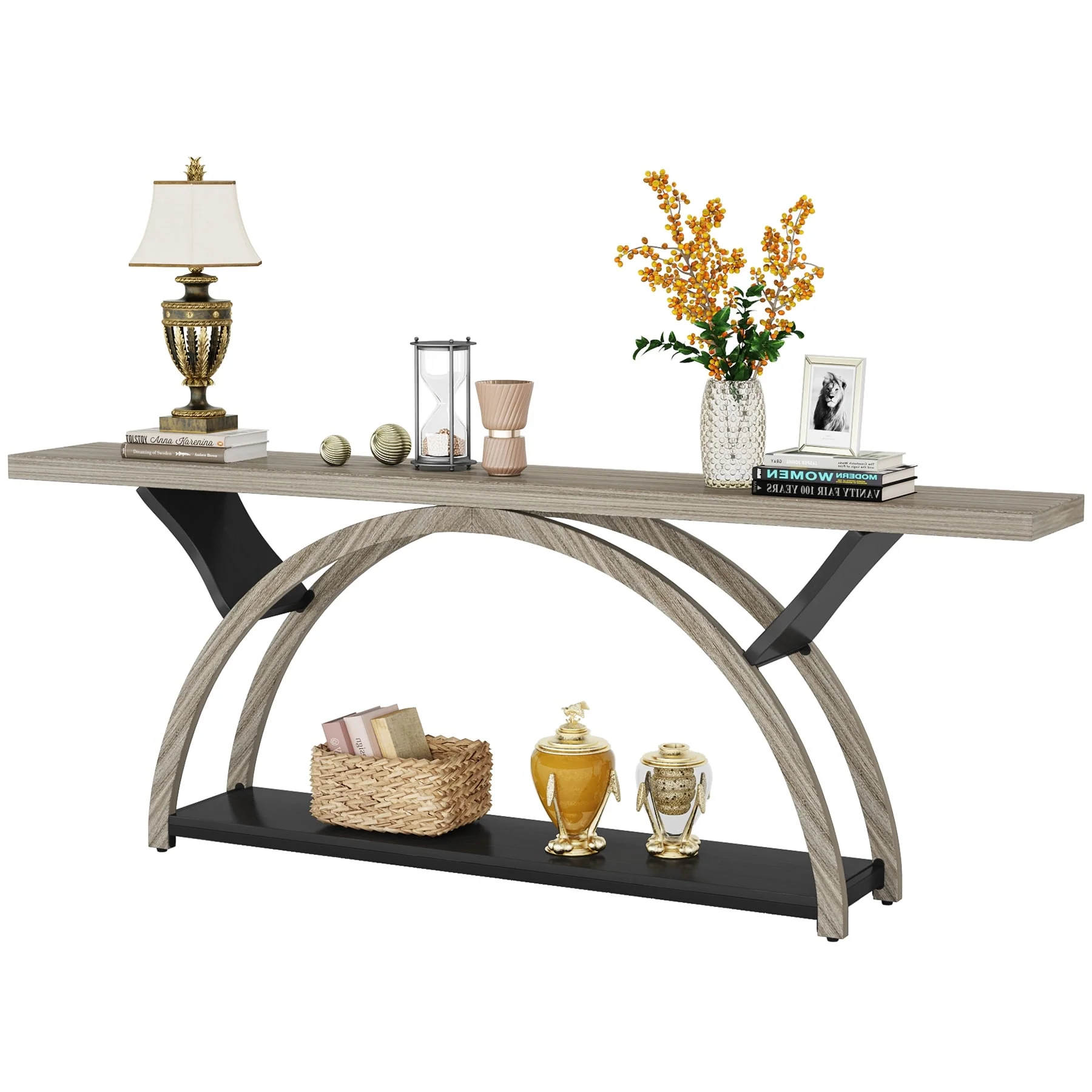 Gray 2-Tier Slim Console Sofa Table, Semi-Circular Metal Frame for Hallway - Image 14