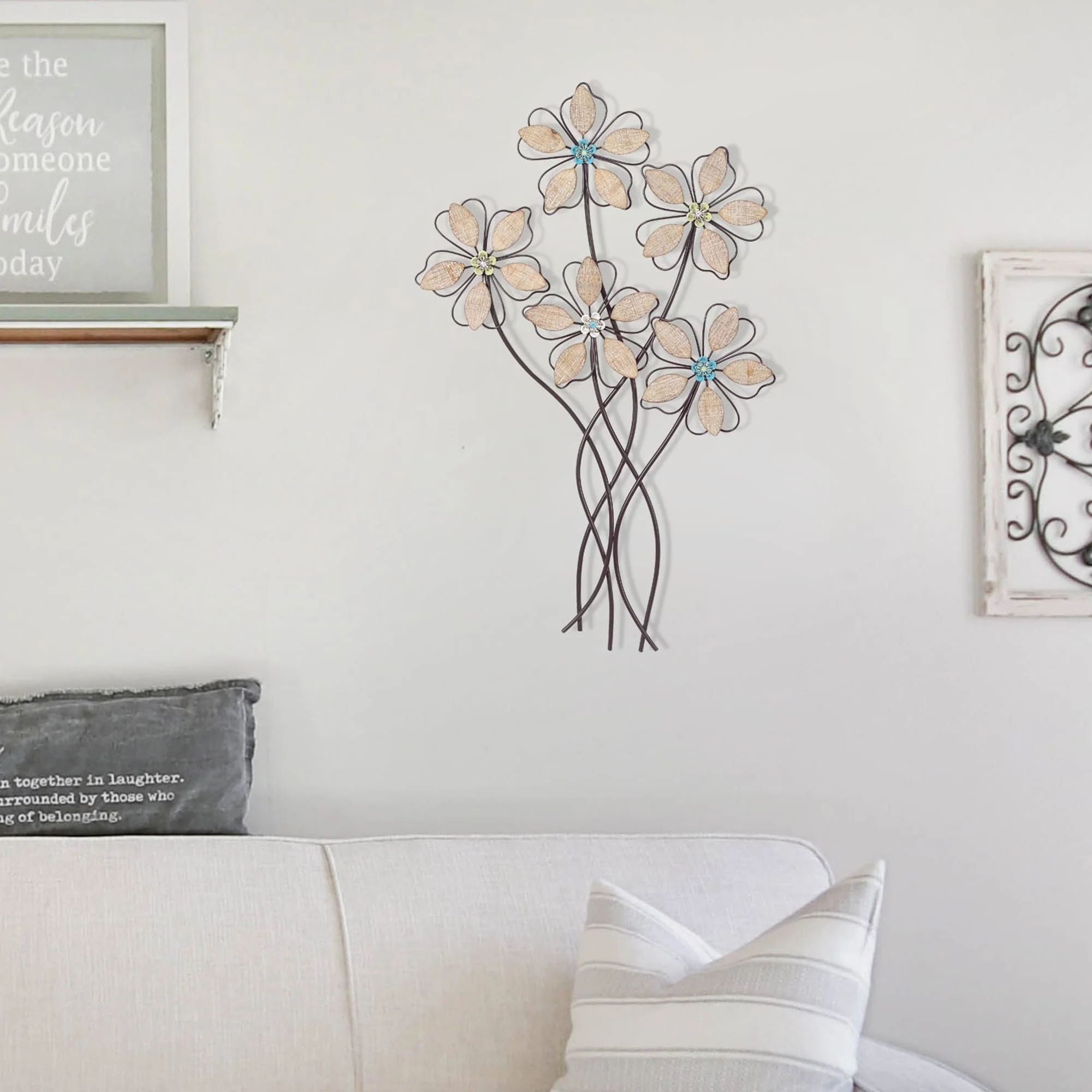 Metal Wall Decor with 5 Flowers, Decorative Floral Wall Hanging Sculpture for Living Room, Bedroom and Home Decoration - Image 2