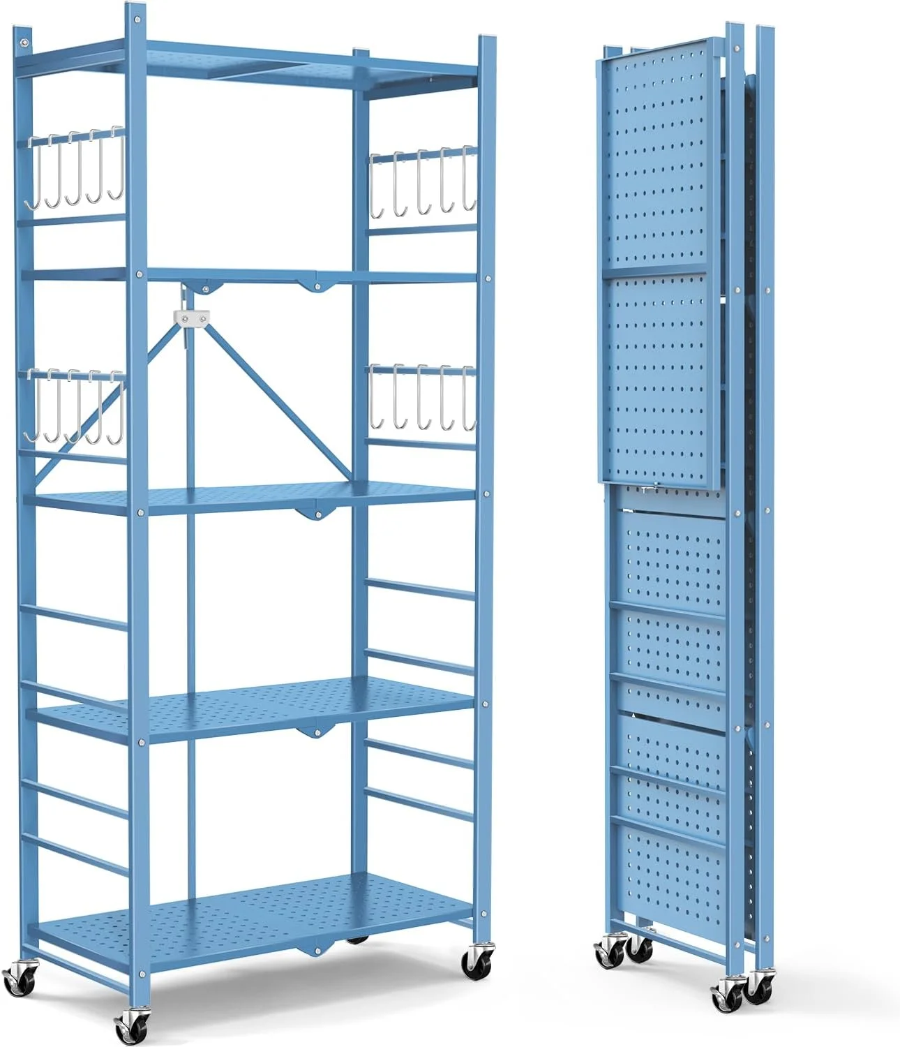 Storage Shelves with 20 Hooks, 4-Tier Foldable Shelves for Storage, Folding Shelf Unit Pantry Shelves with Wheels, Metal Shelving Storage Rack Shelf for Kitchen Garage Home, Black - No Assembly - Image 14