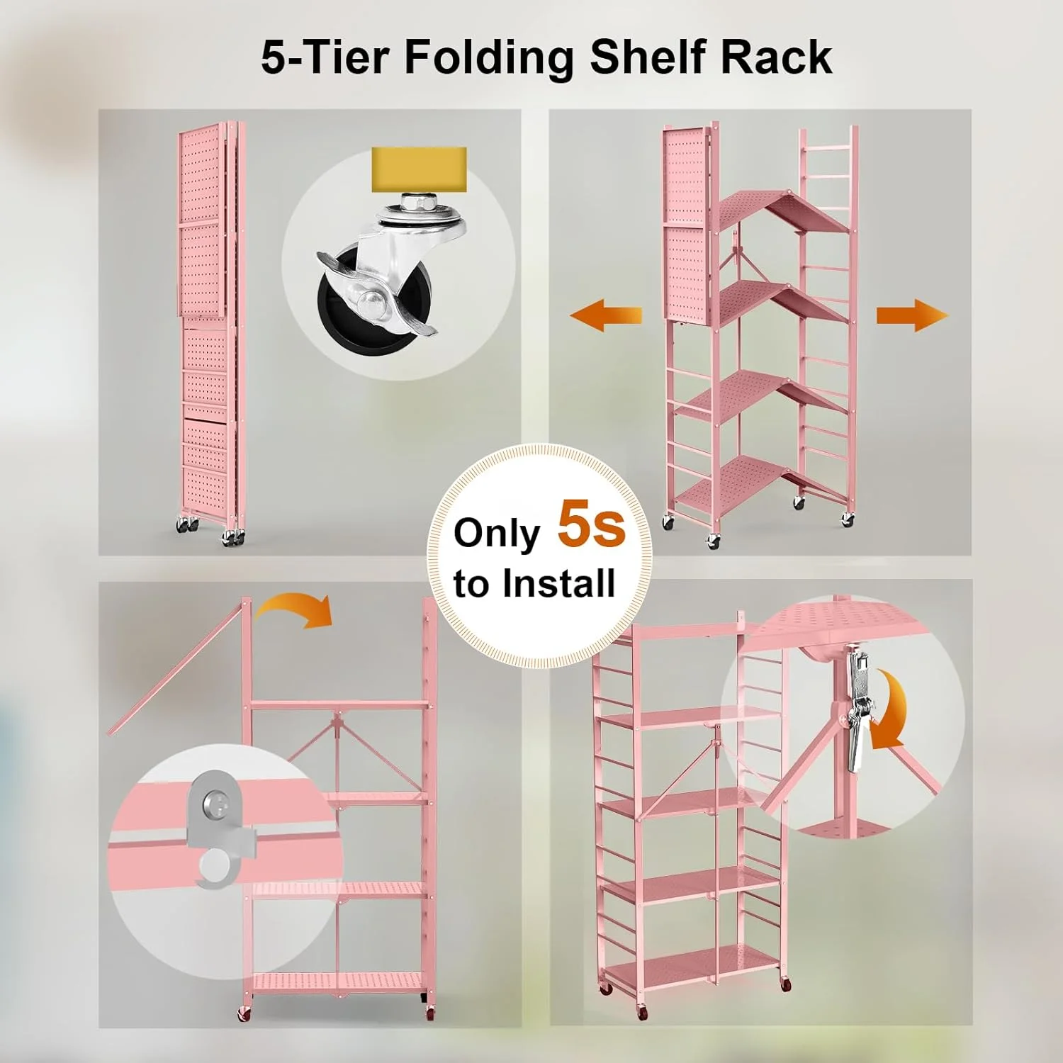 Storage Shelves with 20 Hooks, 4-Tier Foldable Shelves for Storage, Folding Shelf Unit Pantry Shelves with Wheels, Metal Shelving Storage Rack Shelf for Kitchen Garage Home, Black - No Assembly - Image 36