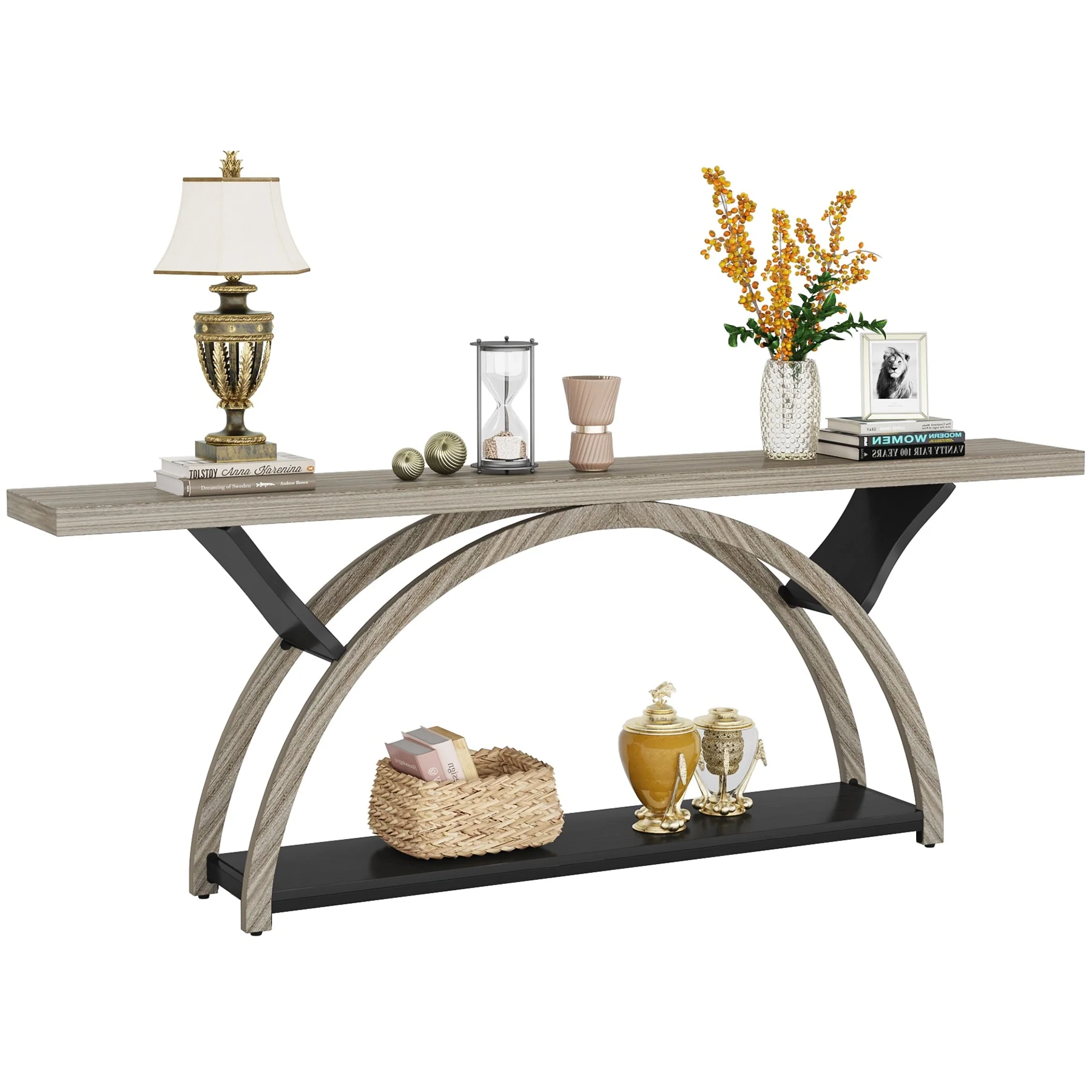 Gray 2-Tier Slim Console Sofa Table, Semi-Circular Metal Frame for Hallway - Image 15