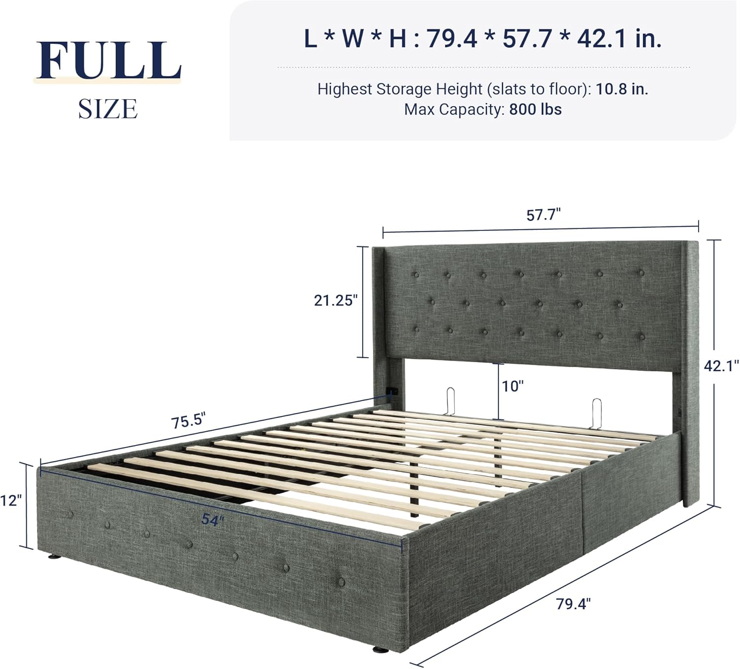 Queen Size Lift Up Storage Bed with Wingback Headboard, Upholstered Platform Bed Frame with Hidden Storage - Image 146