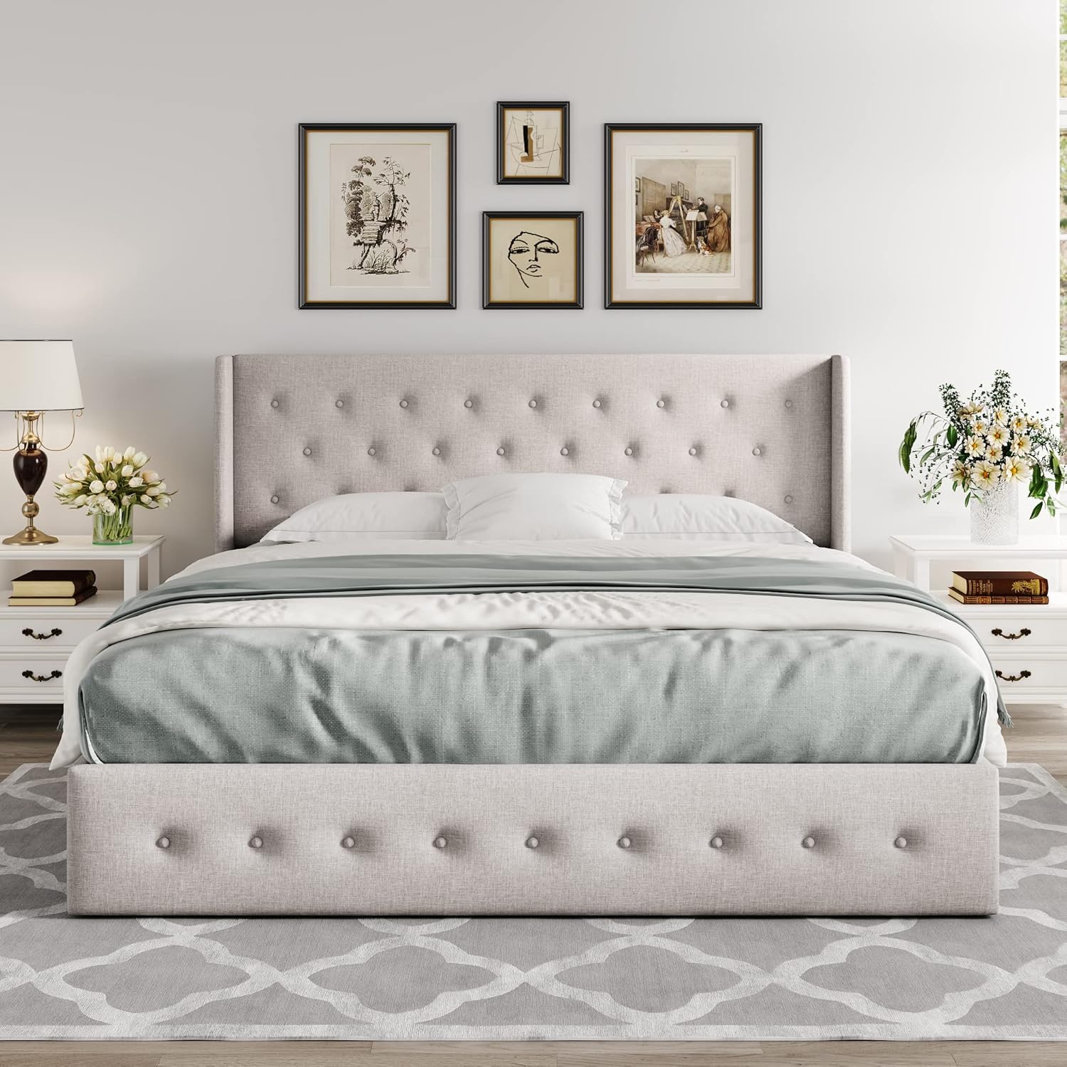 Queen Size Lift Up Storage Bed with Wingback Headboard, Upholstered Platform Bed Frame with Hidden Storage - Image 38