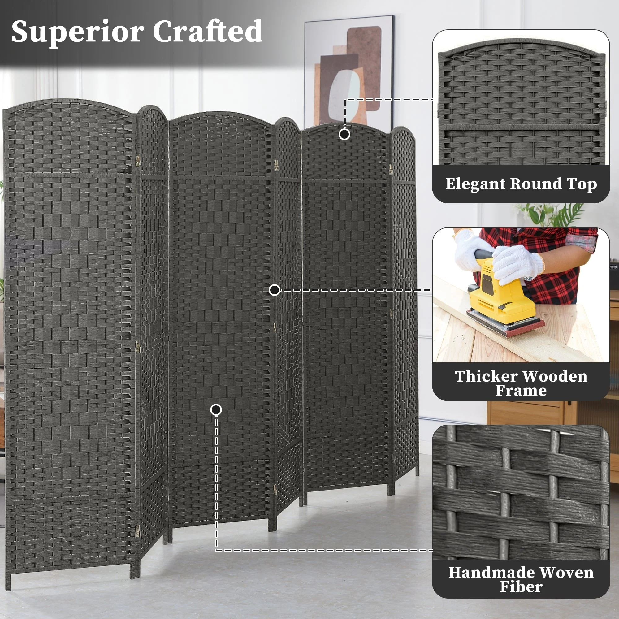 6 FT Tall Woven Fiber Room Divider, Freestanding Folding Privacy Screen - Image 23
