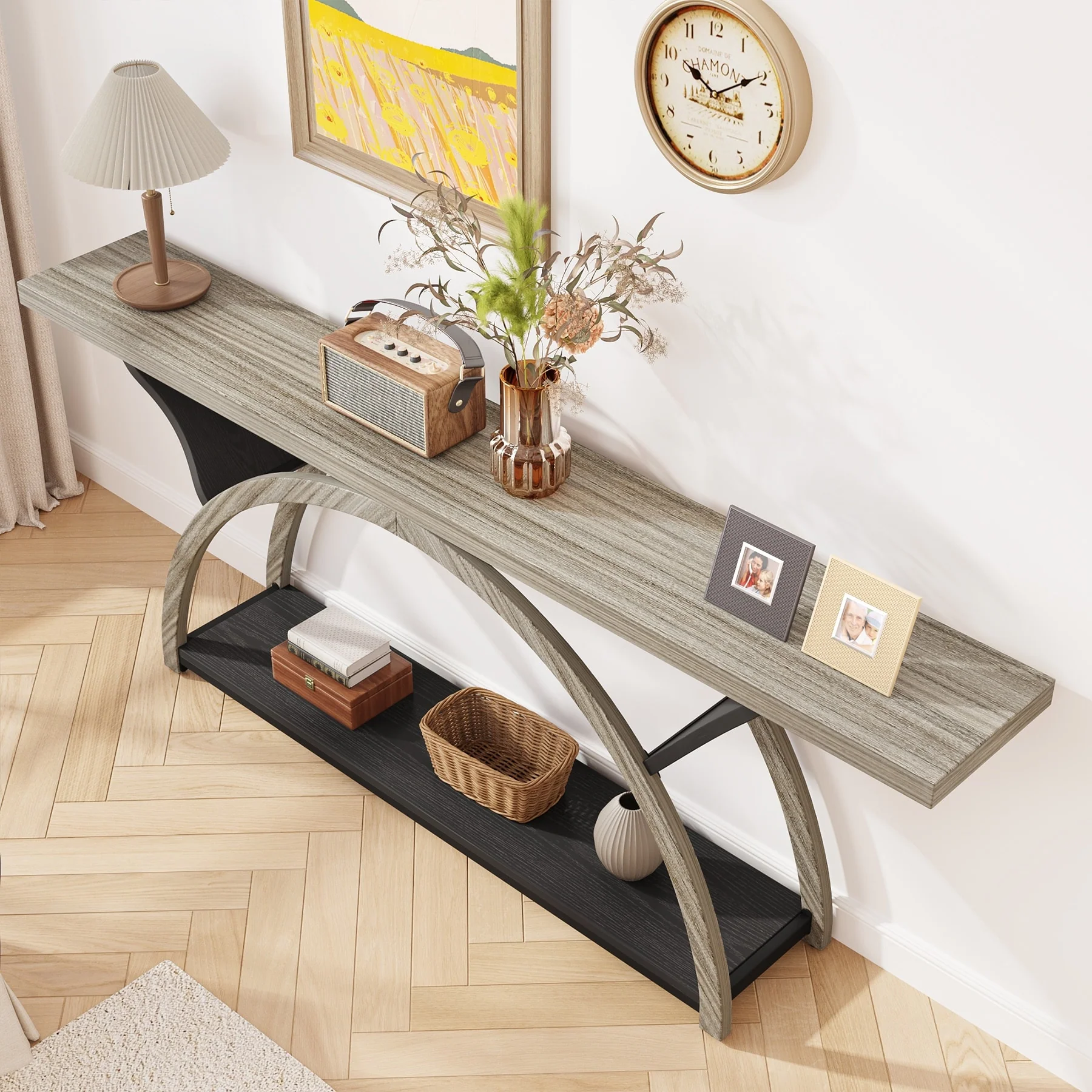 Gray 2-Tier Slim Console Sofa Table, Semi-Circular Metal Frame for Hallway - Image 12