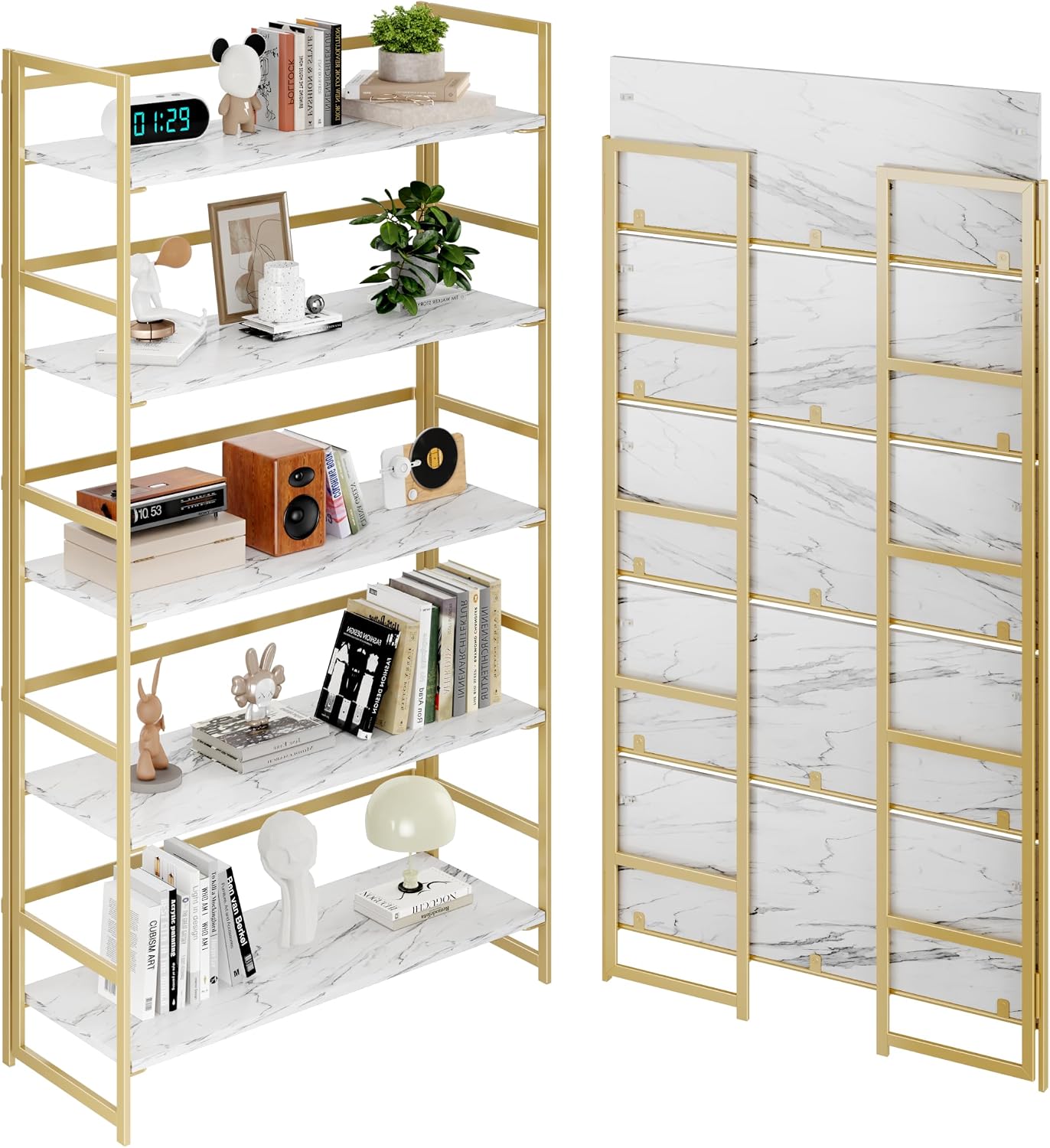 Vintage Multifunctional Folding Bookshelf, No-Assembly Plant Stand Storage Rack Shelves for Home Office (White, 5-Tier) - Image 9