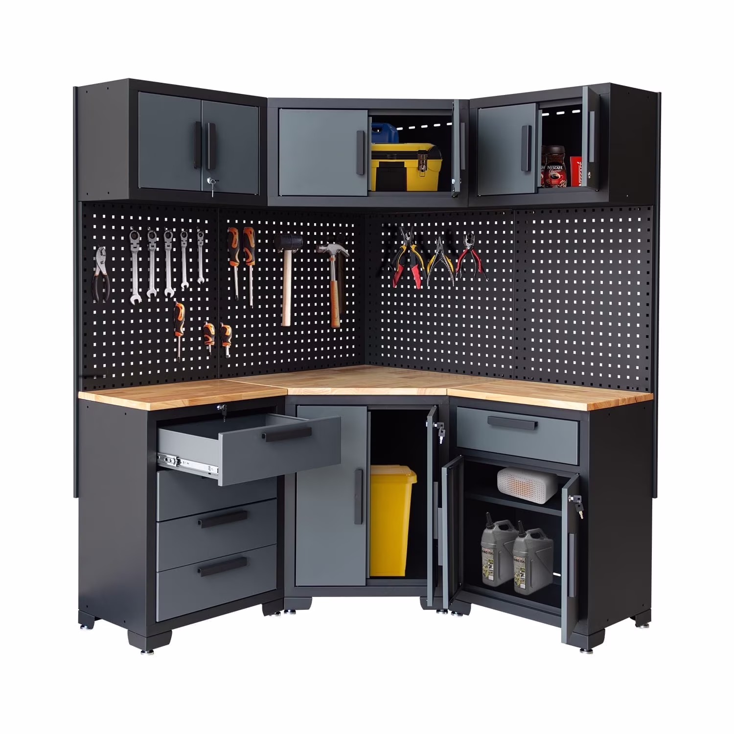 HPDMC Garage Storage Cabinet System 7-Pcs Workshop Set Metal Garage Cabinets System with Steel Cabinet Drawers, Workbench, Pegboard for Garage Tool Organization - Image 3
