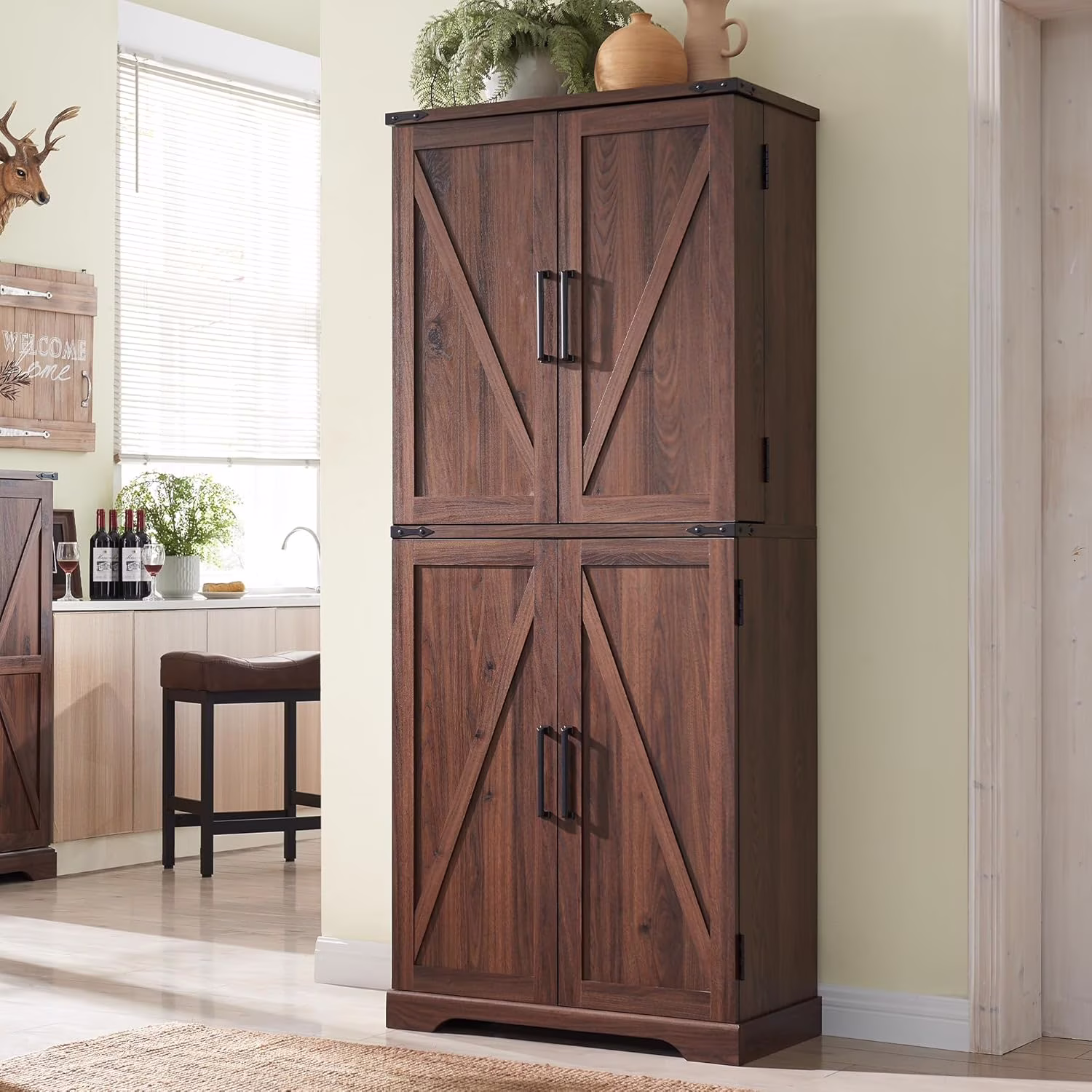 47" Kitchen Pantry, Farmhouse Storage Cabinet with Barn Doors, Organizer and Adjustable Shelves, Rustic Wood Cupboard for Kitchen, Dining Room, Bathroom and Hallway, Black - Image 11