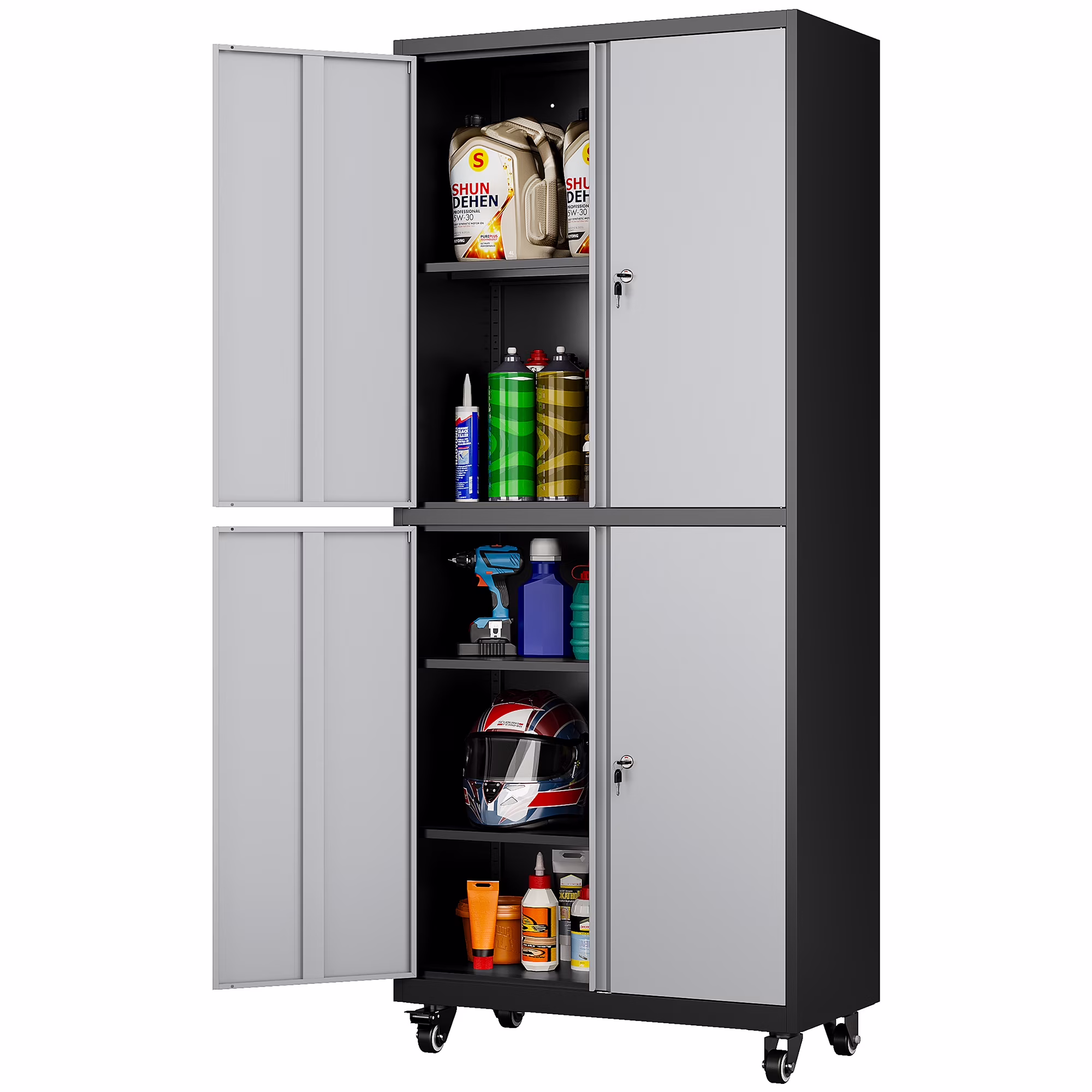 AUHUP 73" Rolling Garage Storage Cabinets with 3 Adjustable Shelves, Metal Storage Cabinet with Wheels, Black Gray Tool Cabinet for Garage,Home,Warehouse,Workshop