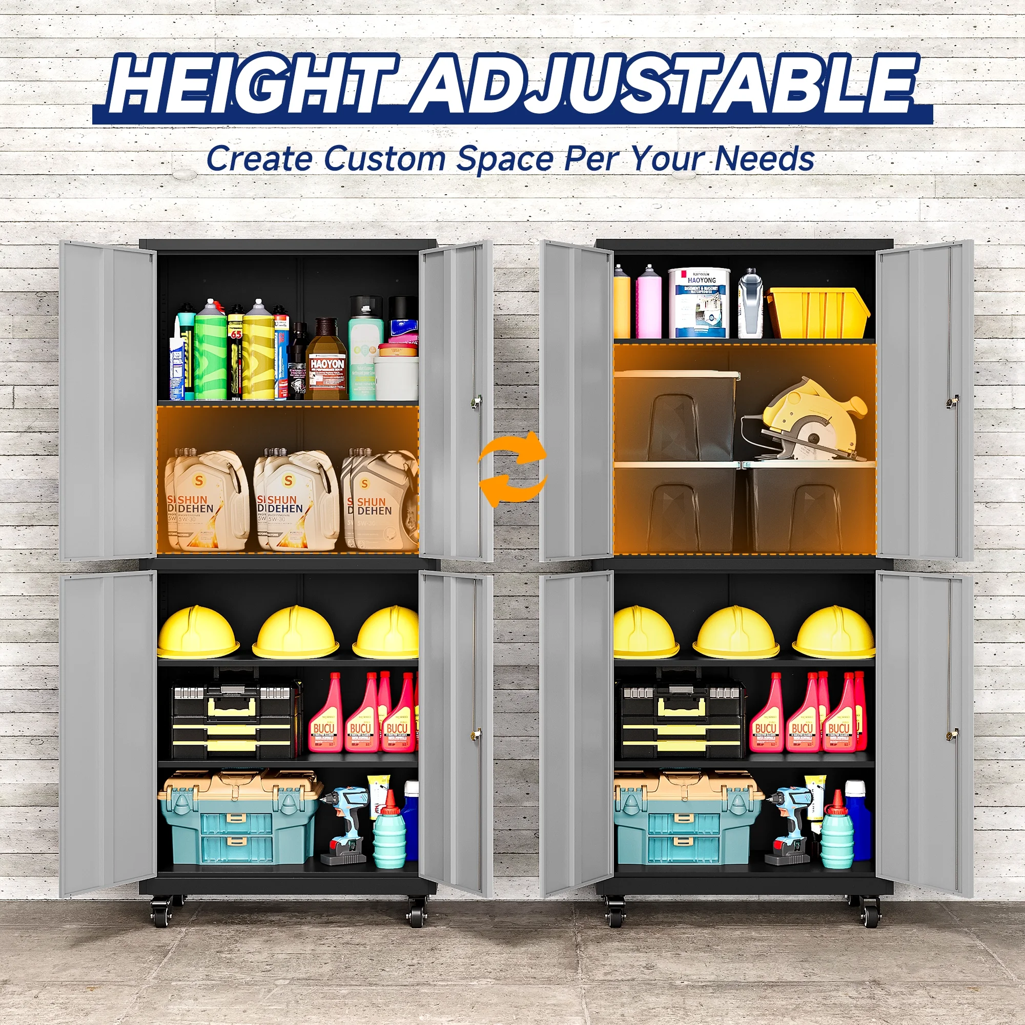 AUHUP 73" Rolling Garage Storage Cabinets with 3 Adjustable Shelves, Metal Storage Cabinet with Wheels, Black Gray Tool Cabinet for Garage,Home,Warehouse,Workshop - Image 5
