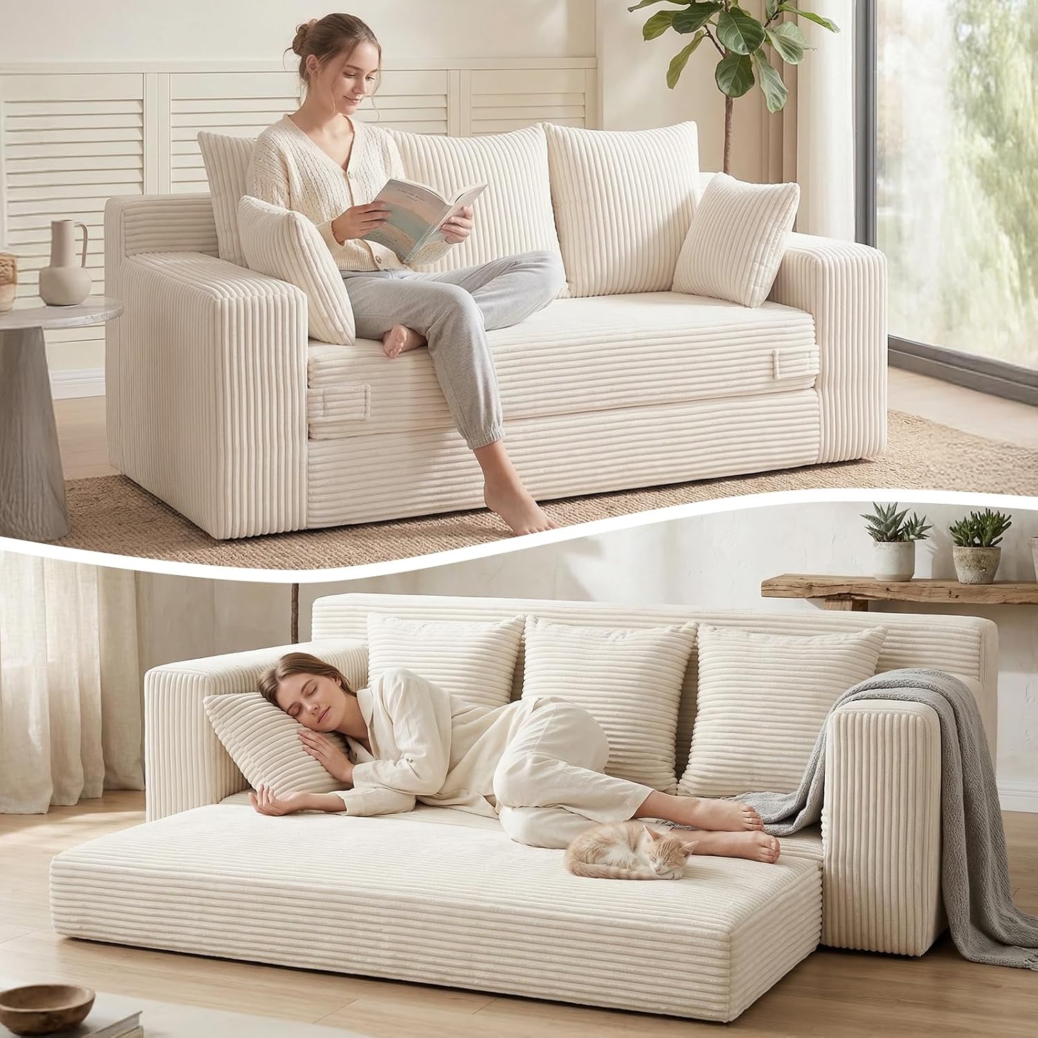 Convertible Sofa Bed, Loveseat Folding Floor Futon Sleeper Sofa Couch Bed- Boneless Foldable Couch, Corduroy Pull Out Sofa Bed with 2 Pillows for Living Room & Bedroom - Image 18