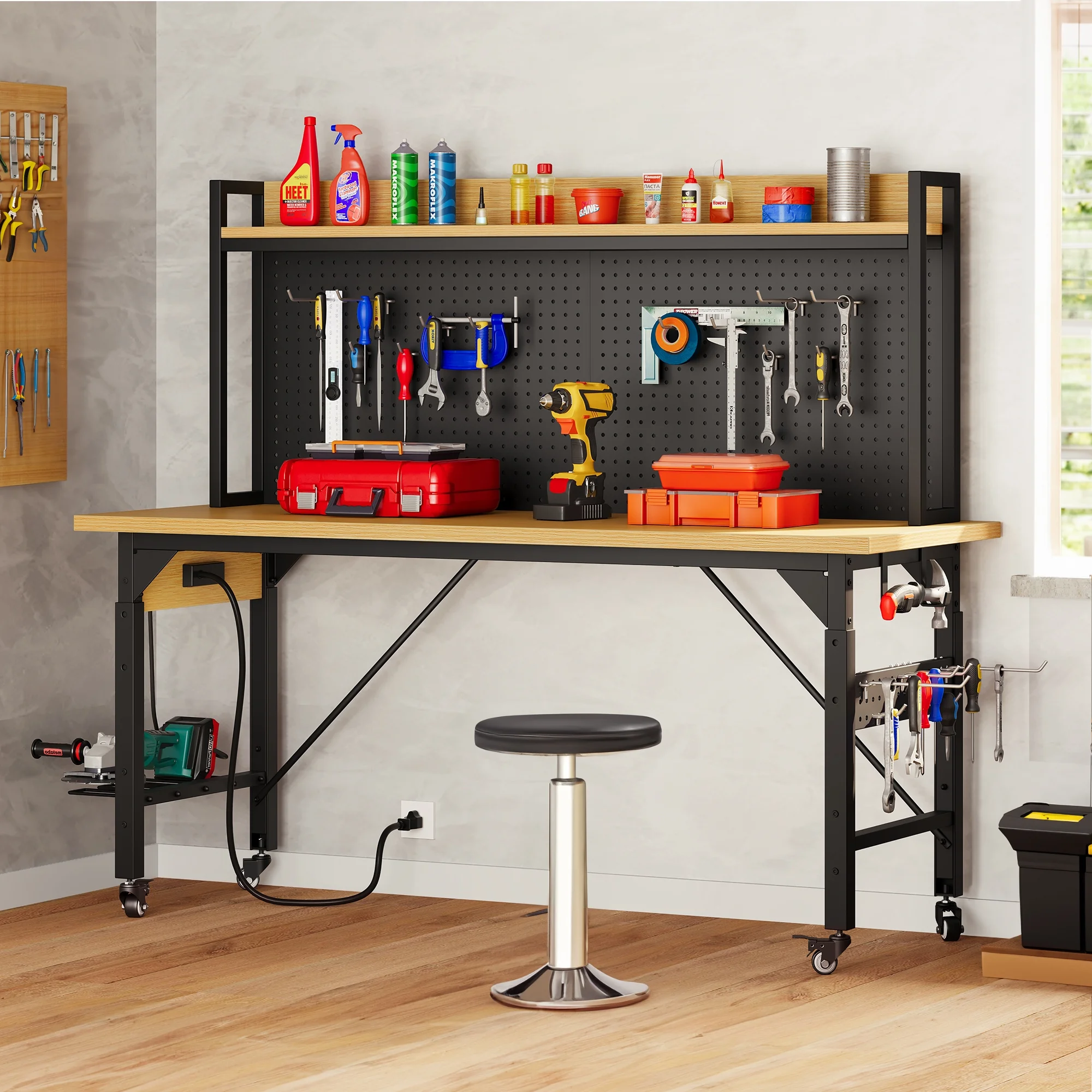 DEXTRUS Multifunctional Workbench with Wheels, 59.1" x 23.6" with Pegboard Worktable w/ Power Outlets, A3 Steel Work Bench For Garage max. Heavy Duty Workbench 2000lbs Weight Capacity - Image 3