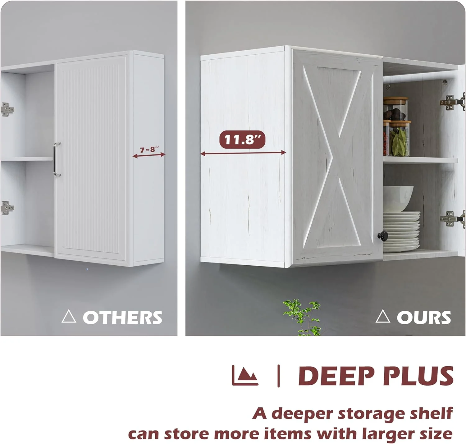 Wall Storage Cabinets - Farmhouse Kitchen Laundry White Wall Mounted Cabinets with 3 Doors and Shelves, 35inch Wide - Image 8