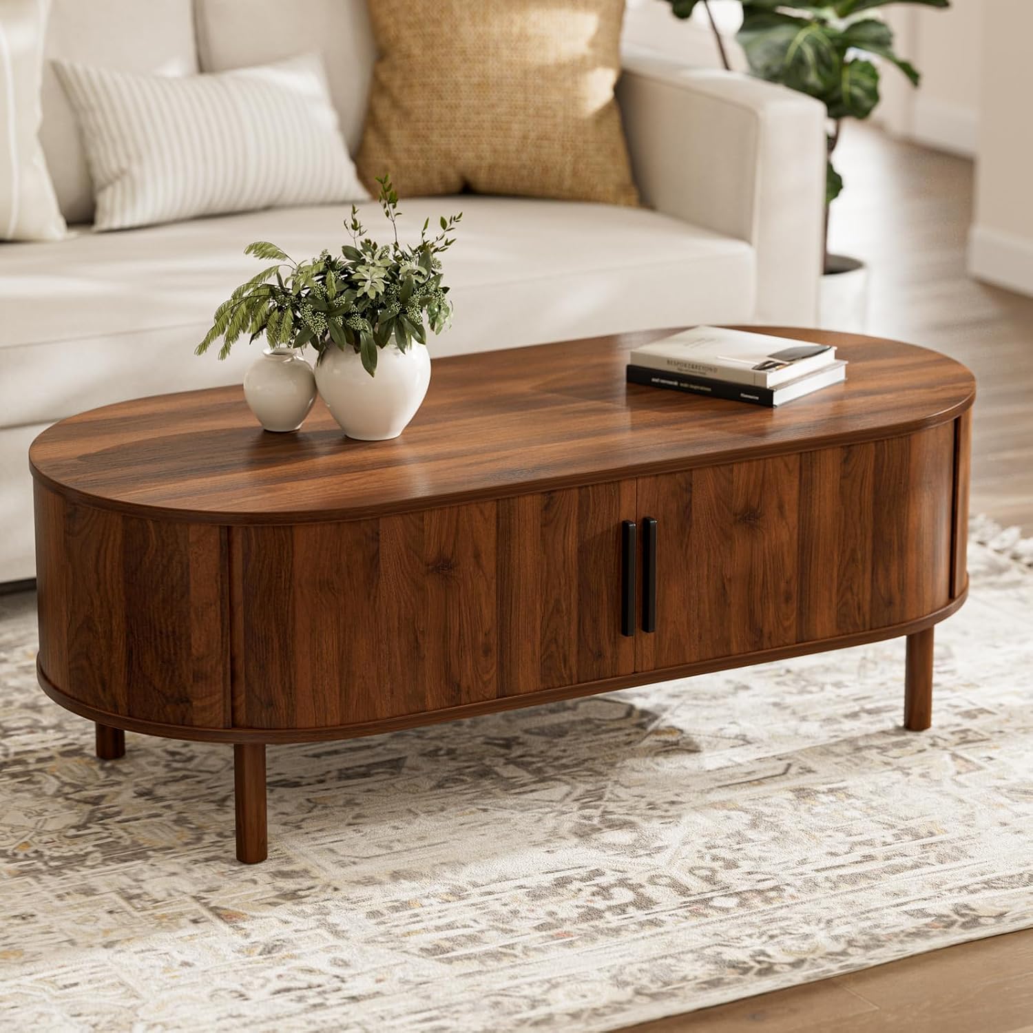 Round Coffee Table with Sliding Doors, Mid-Century, Walnut - Image 4