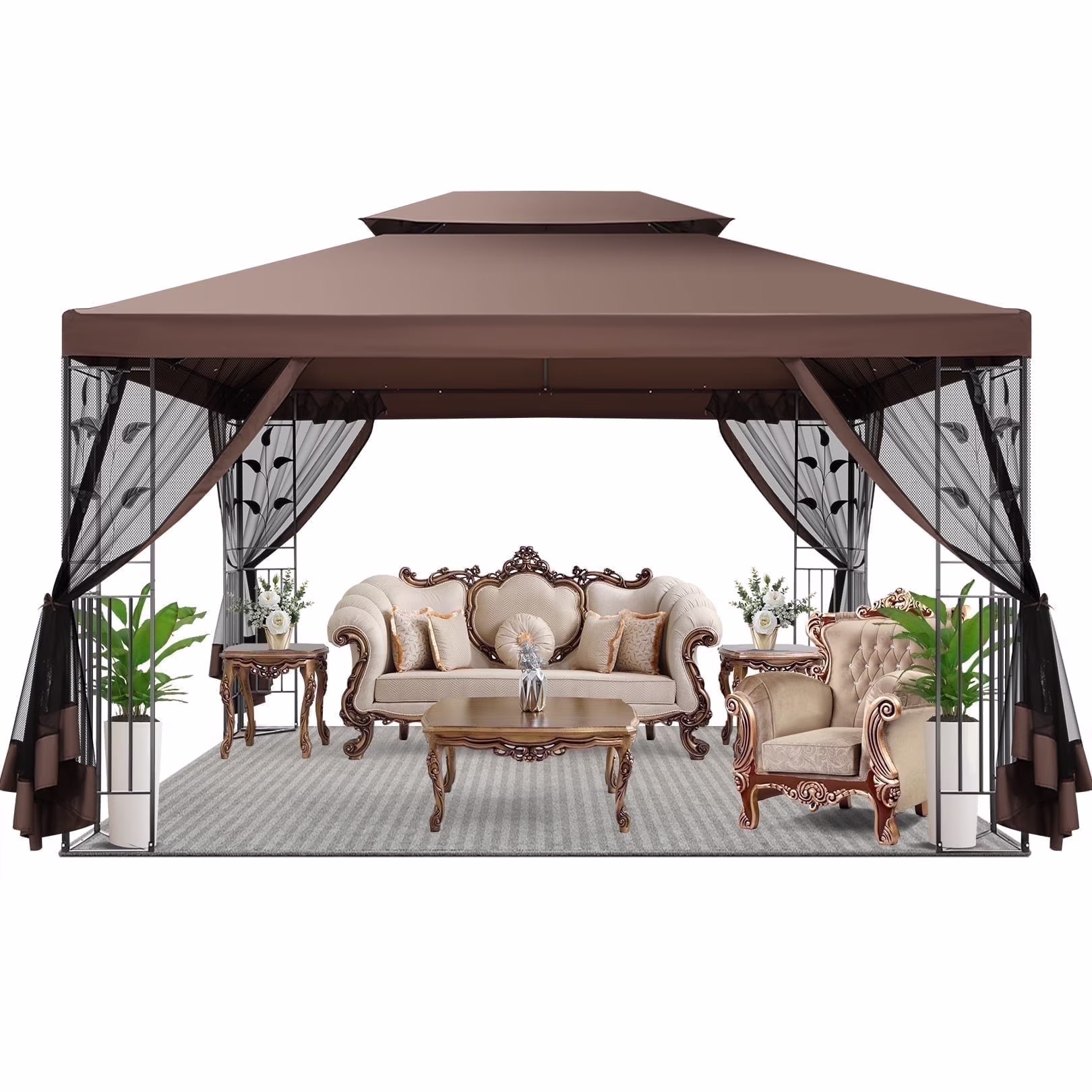 SANOPY 10'x13.3' Metal Patio Gazebo, Outdoor Gazebo Canopy Tent for Backyard with Mesh Curtains, Gazebos Shelter with Display Shelves, Steel Frame, Patio Covers for Tailgate