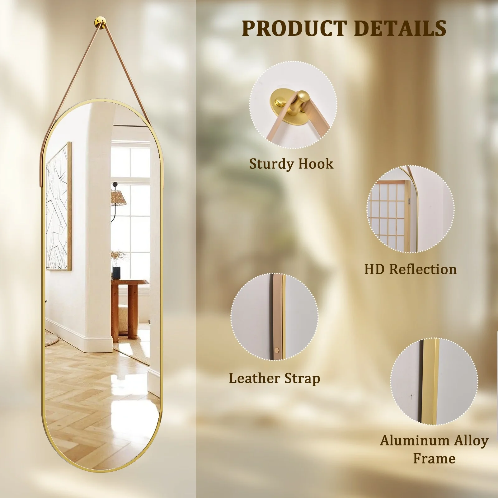 48 x 16 Inch Full Length Wall Mirror with Leather Strap, Hanging Full Body Mirror for Bedroom, Entryway and Home Decor - Image 21