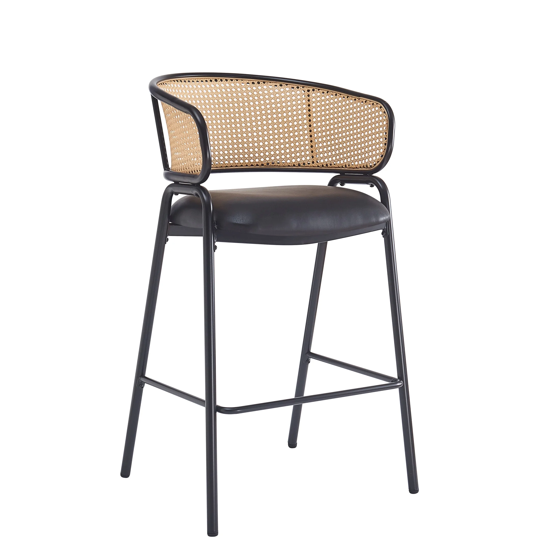 Christopher Knight Home 29.5" PU Upholstered Bar Stool with Woven Rattan Backrest & Iron Frame, Black, Set of 2 - Image 3