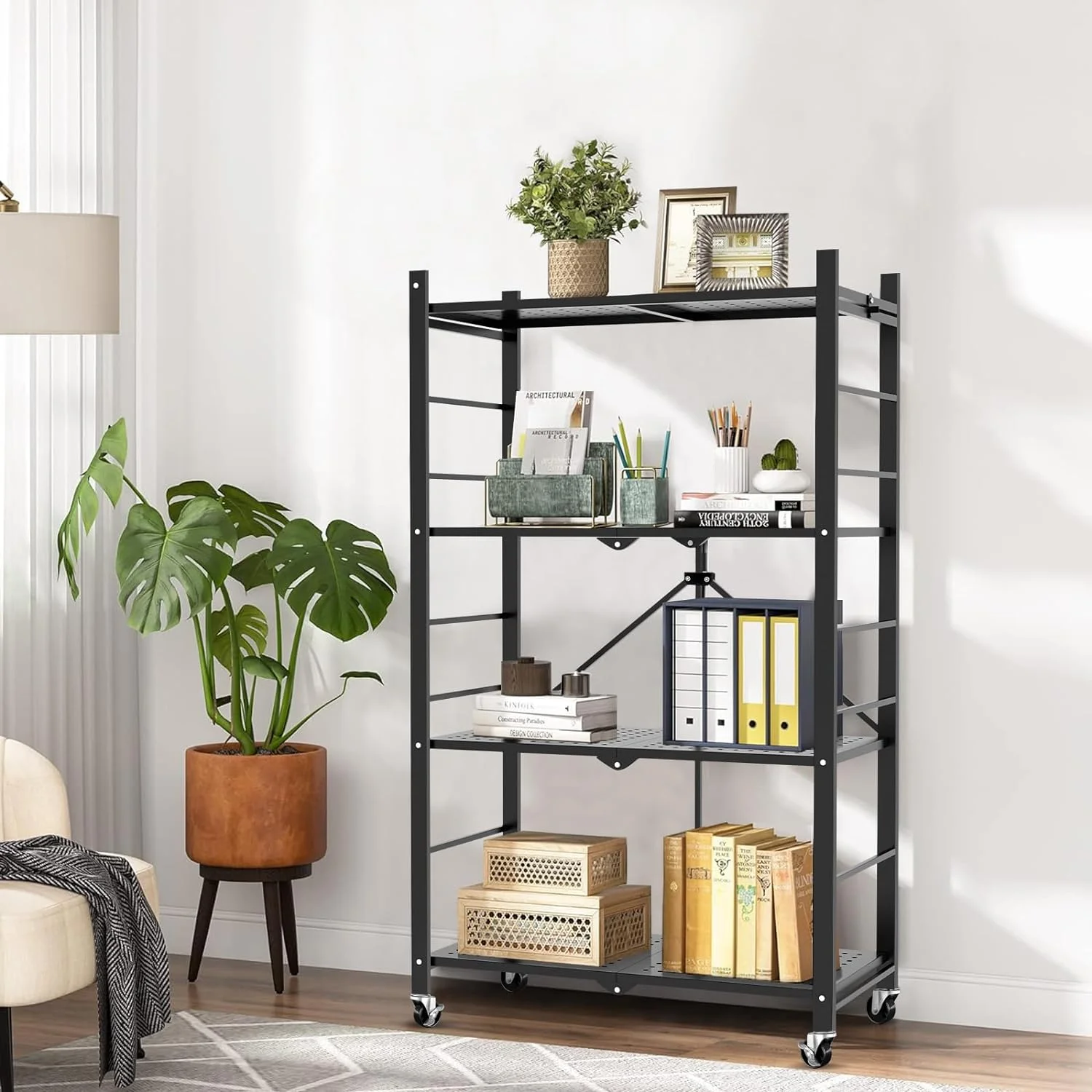 Storage Shelves with 20 Hooks, 4-Tier Foldable Shelves for Storage, Folding Shelf Unit Pantry Shelves with Wheels, Metal Shelving Storage Rack Shelf for Kitchen Garage Home, Black - No Assembly - Image 2