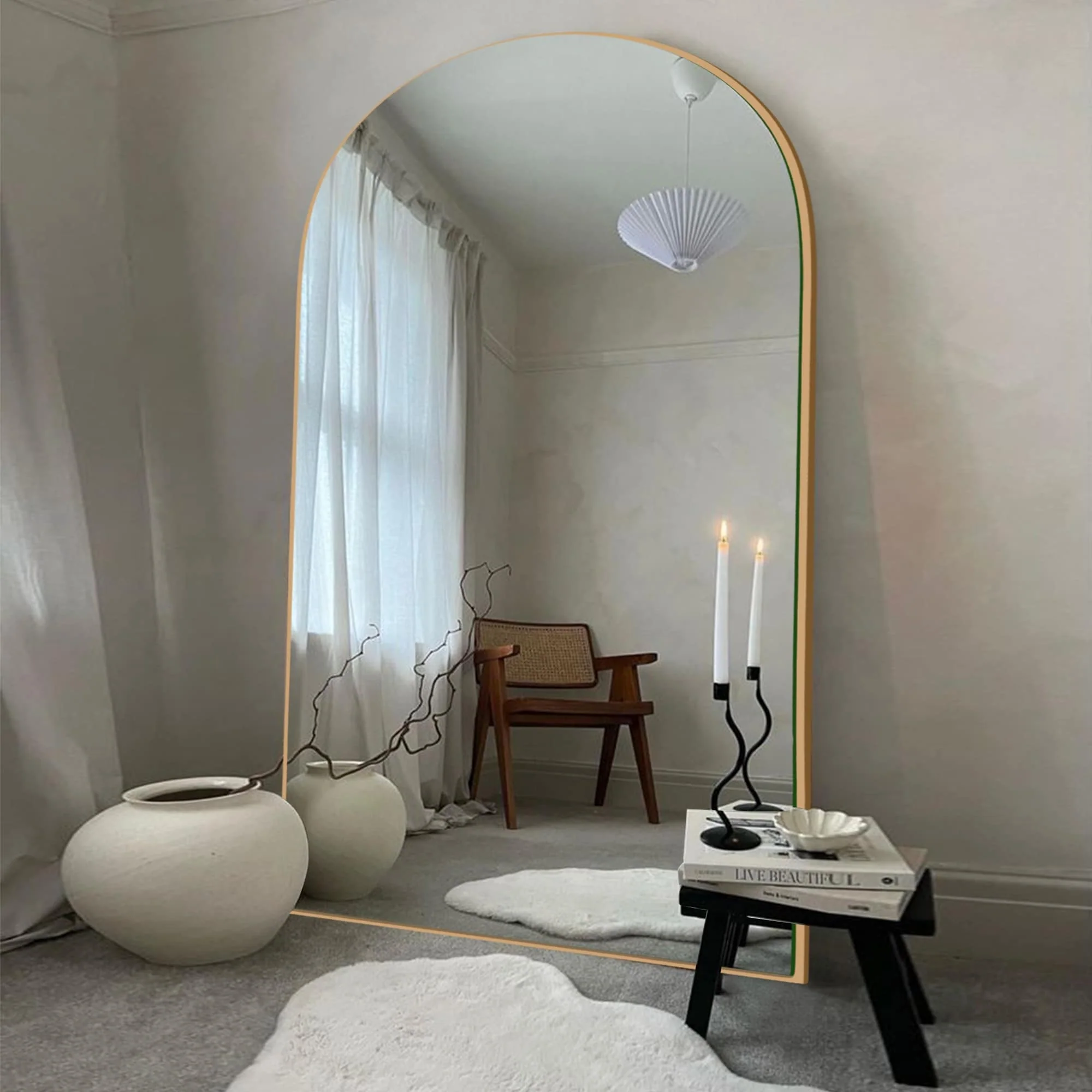 Arched Full Length Wood Floor Mirror, Full Body Standing and Wall Mounted Mirror for Bedroom, Living Room and Home Decor - Image 45