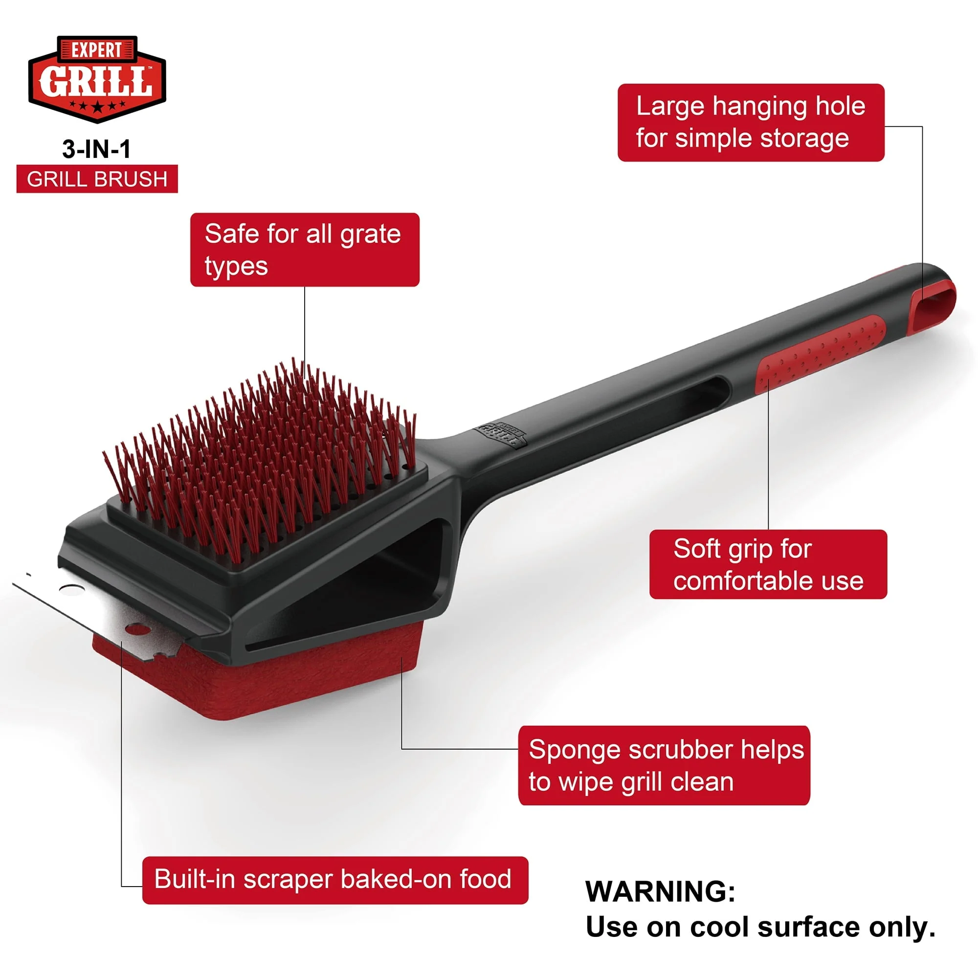 Expert Grill 3 in 1 Cleaning Grill Brush with Stainless Steel Scraper - Image 2