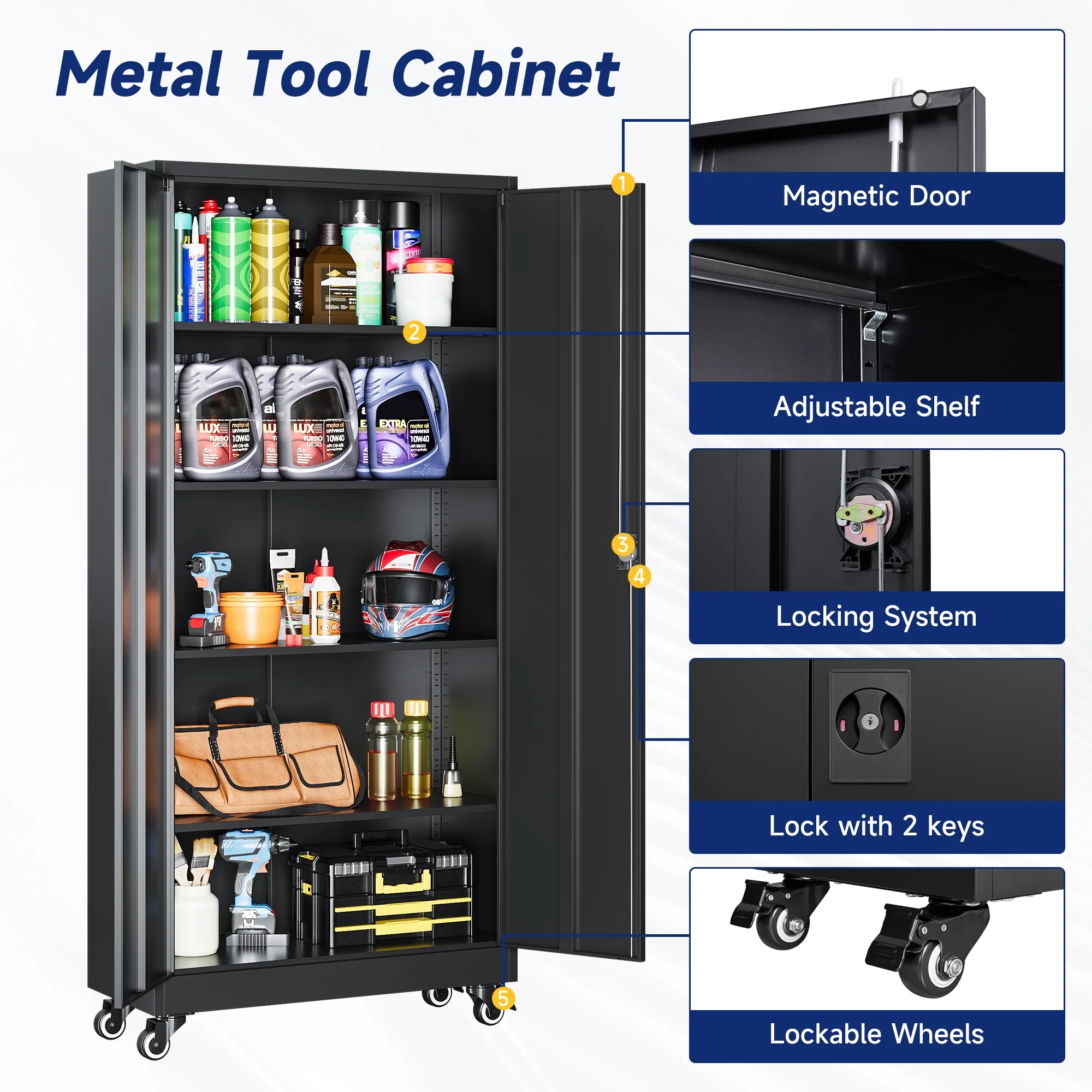 AUHUP Metal Storage Cabinet with Wheels, 73" Rolling Garage Storage Cabinets with 4 Adjustable Shelves & Locking Doors,Black Tool Cabinet for Garage,Home,Warehouse,Workshop - Image 9