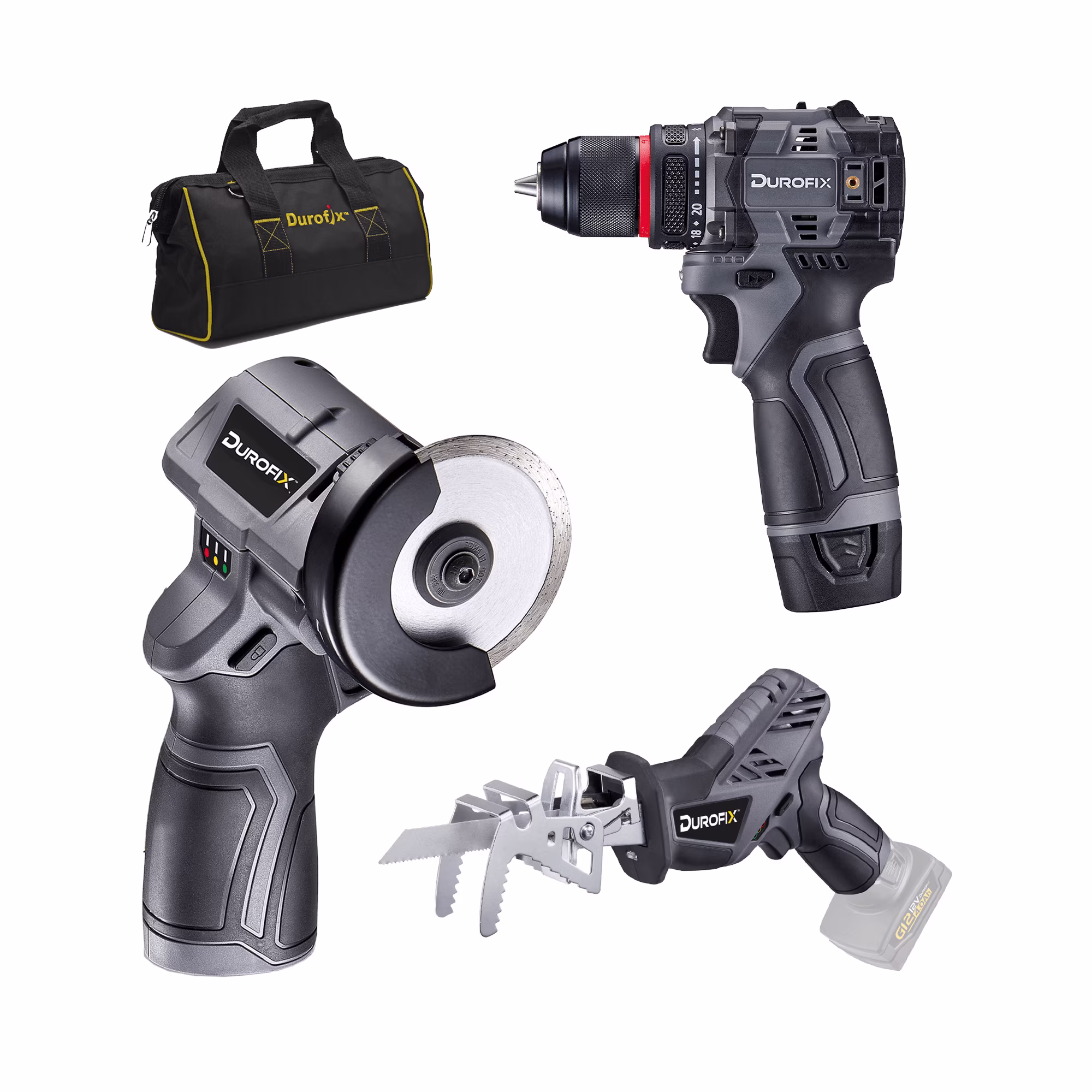 Durofix G12 Series RK12136-2-K2 12V Cordless 3/8" Hammer Drill Power Tool Combo Kit with 3 Inch Compact Cut Off Tool, Reciprocating Saw, 1 Battery & Charger