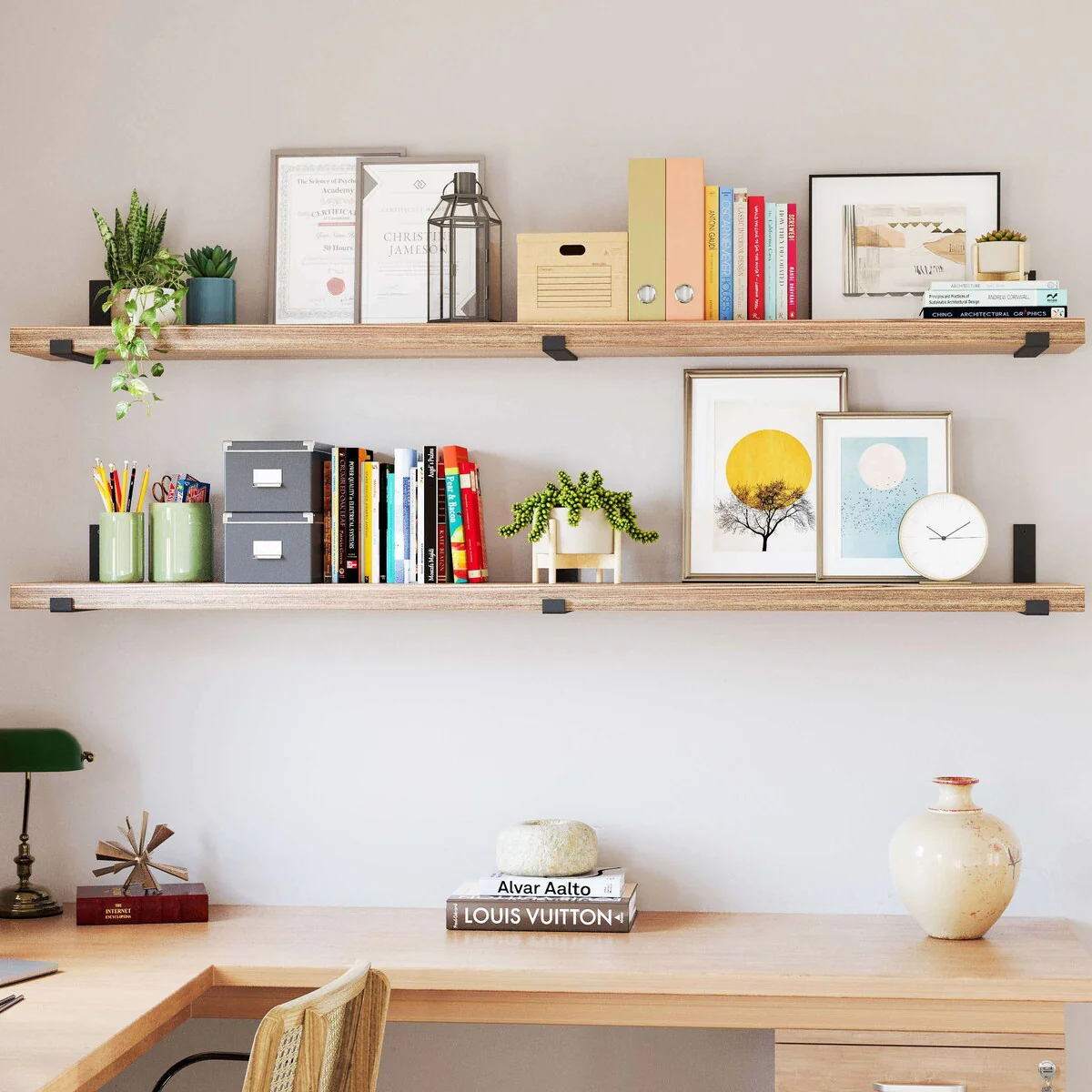 72 Inch Floating Wood Wall Shelves, Set of 2 Burnt Wood Display and Storage Shelves for Home Decor - Image 7