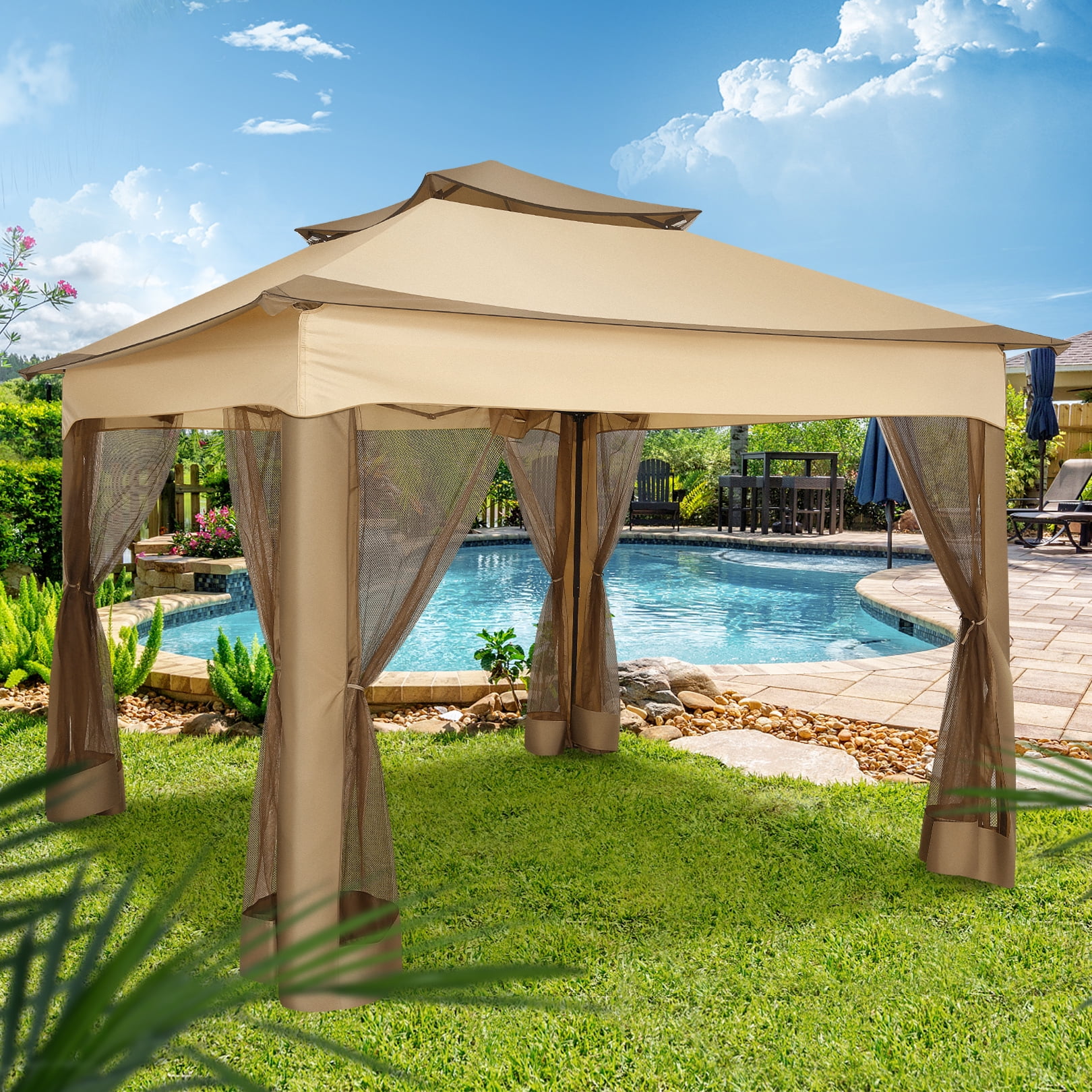 COBIZI 11x11 Pop up Gazebo Outdoor Canopy Gazebo Patio Gazebo with Mosquito Netting Canopy Shelter with 121 Square feet of Shade for Poolside, Garden, Party and Backyard, Khaki - Image 6