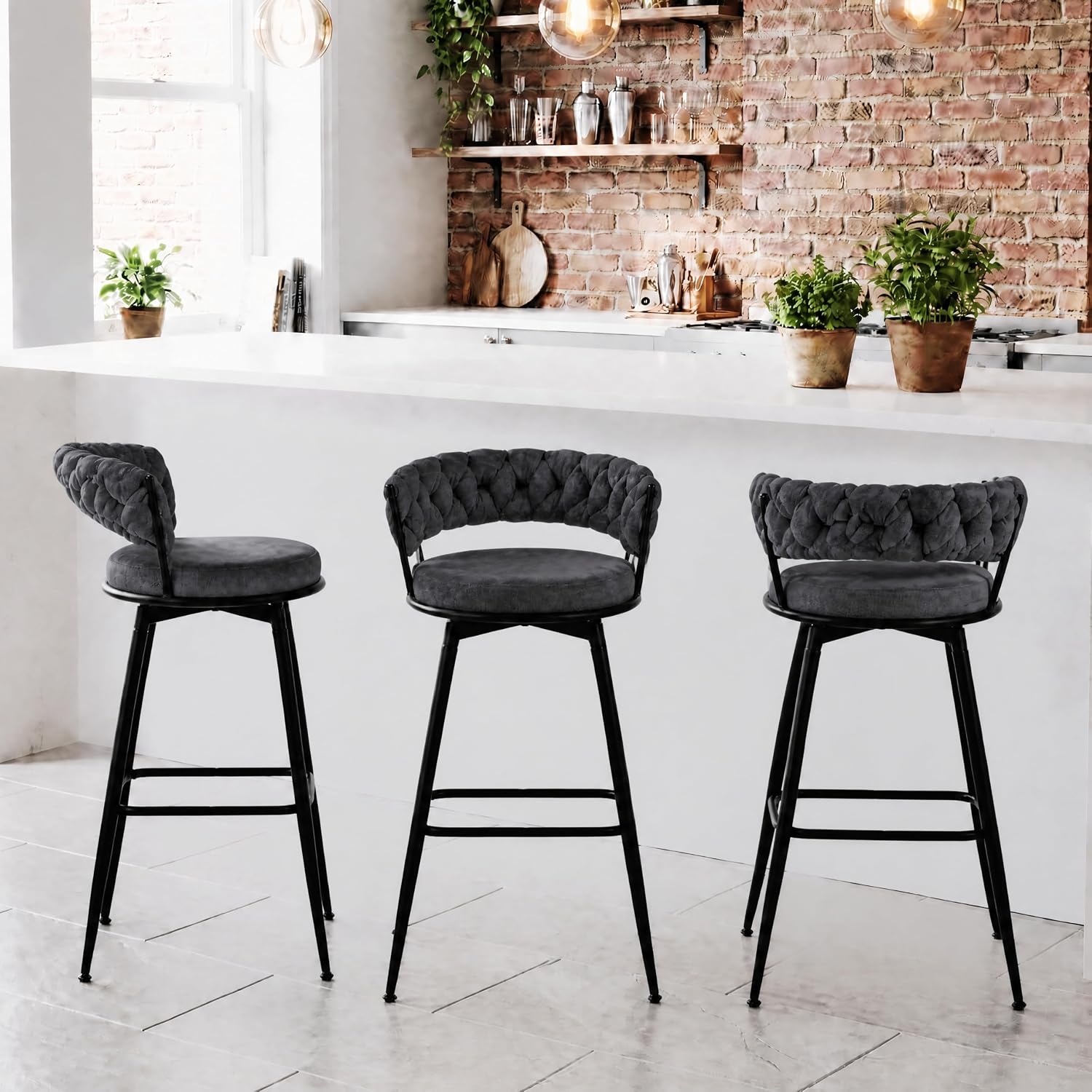 Bar Stools Set of 2 Upholstered Kitchen Counter Height Barstool Grey - Image 15